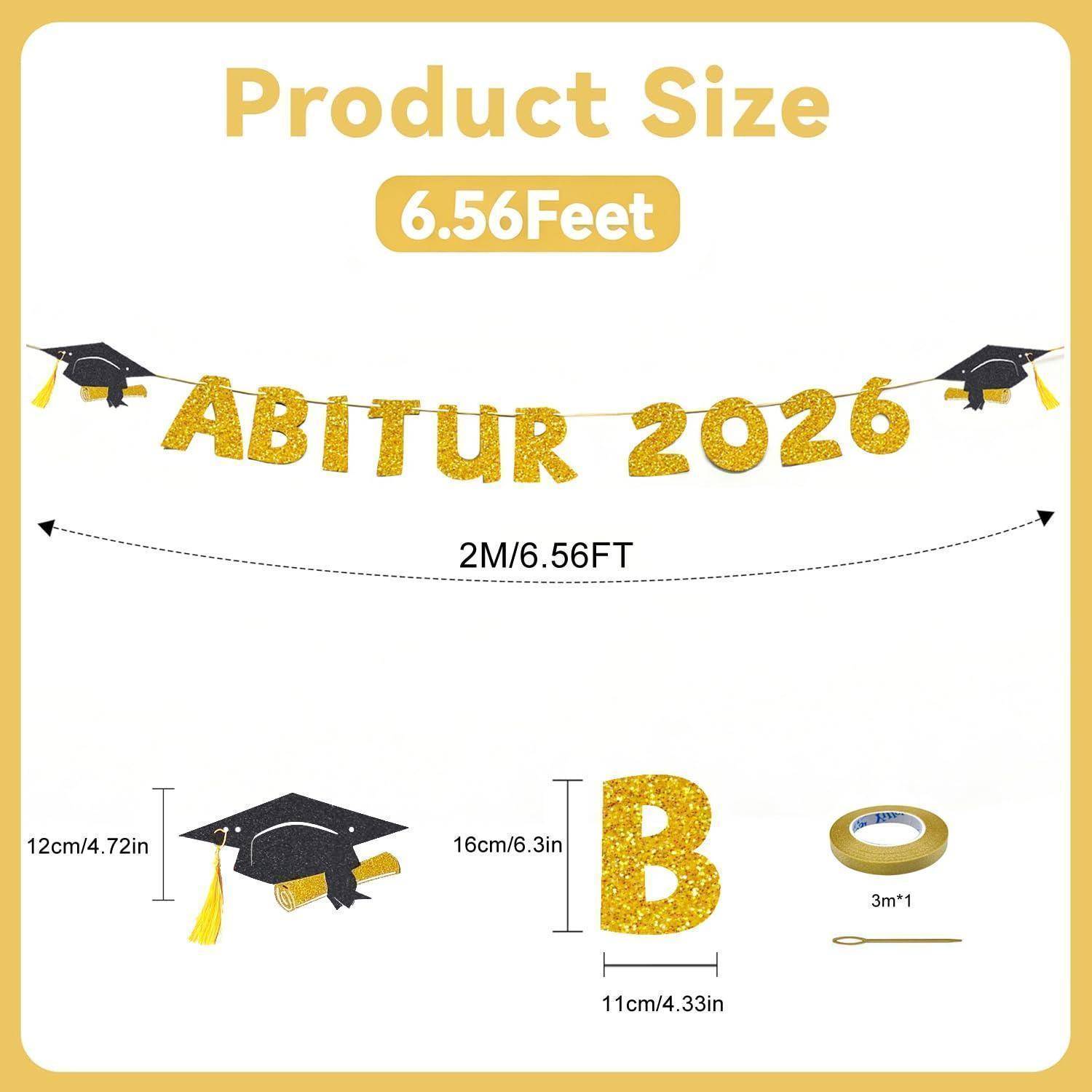 Produktgrößendiagramm für „ABITUR 2026" Abschlussgirlande: Gesamtbreite 2 m/6,56 ft, Hutdekoration 12 x 4,72 Zoll, Buchstabe B 16 x 6,3 Zoll, Band 3 m.