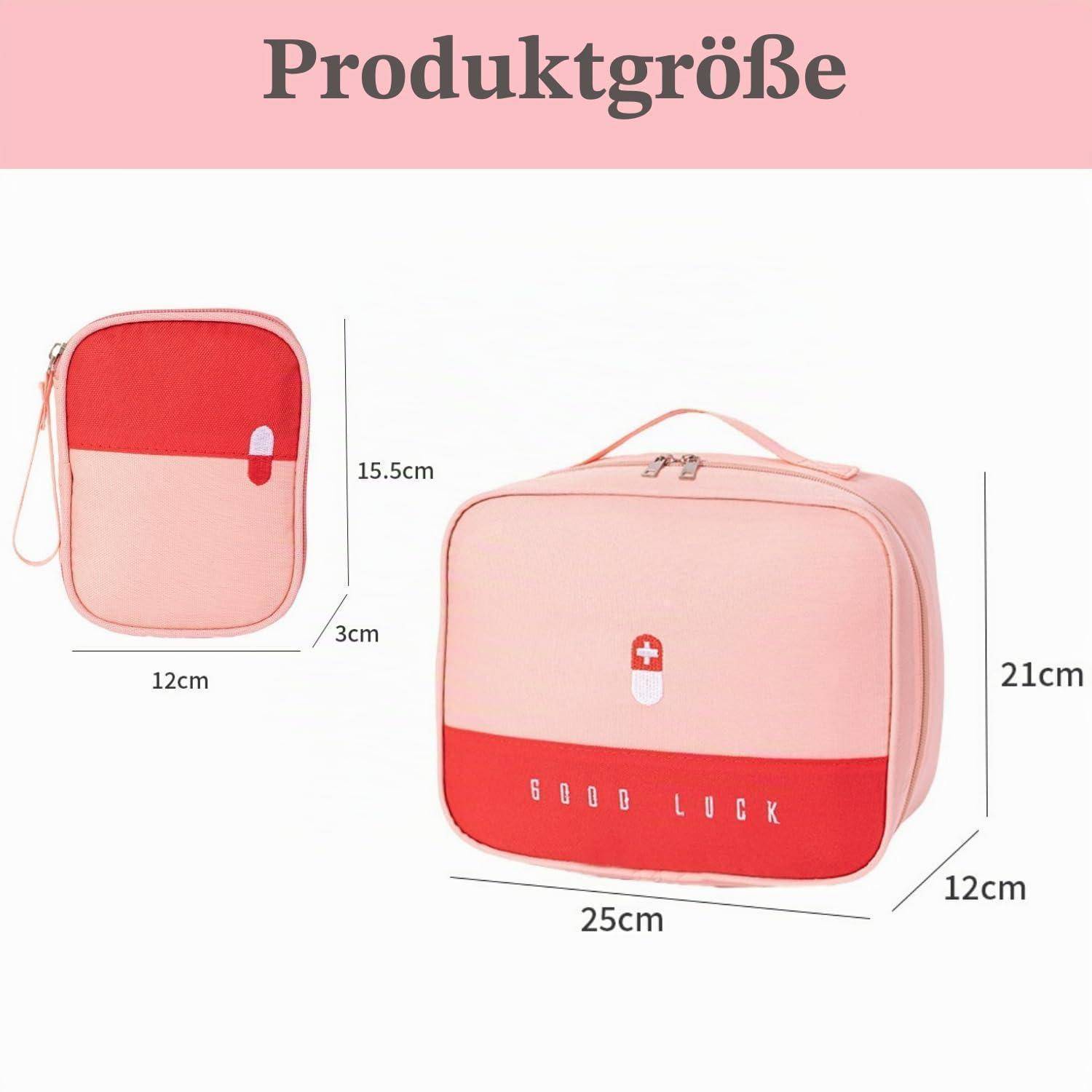 Produktgrößenchart mit zwei rosa und roten Taschen: kleine Tasche 15,5 x 12 x 3 cm, größere Tasche 25 x 21 x 12 cm, mit dem Titel „Produktgröße" und „VIEL GLÜCK"" auf der größeren Tasche.