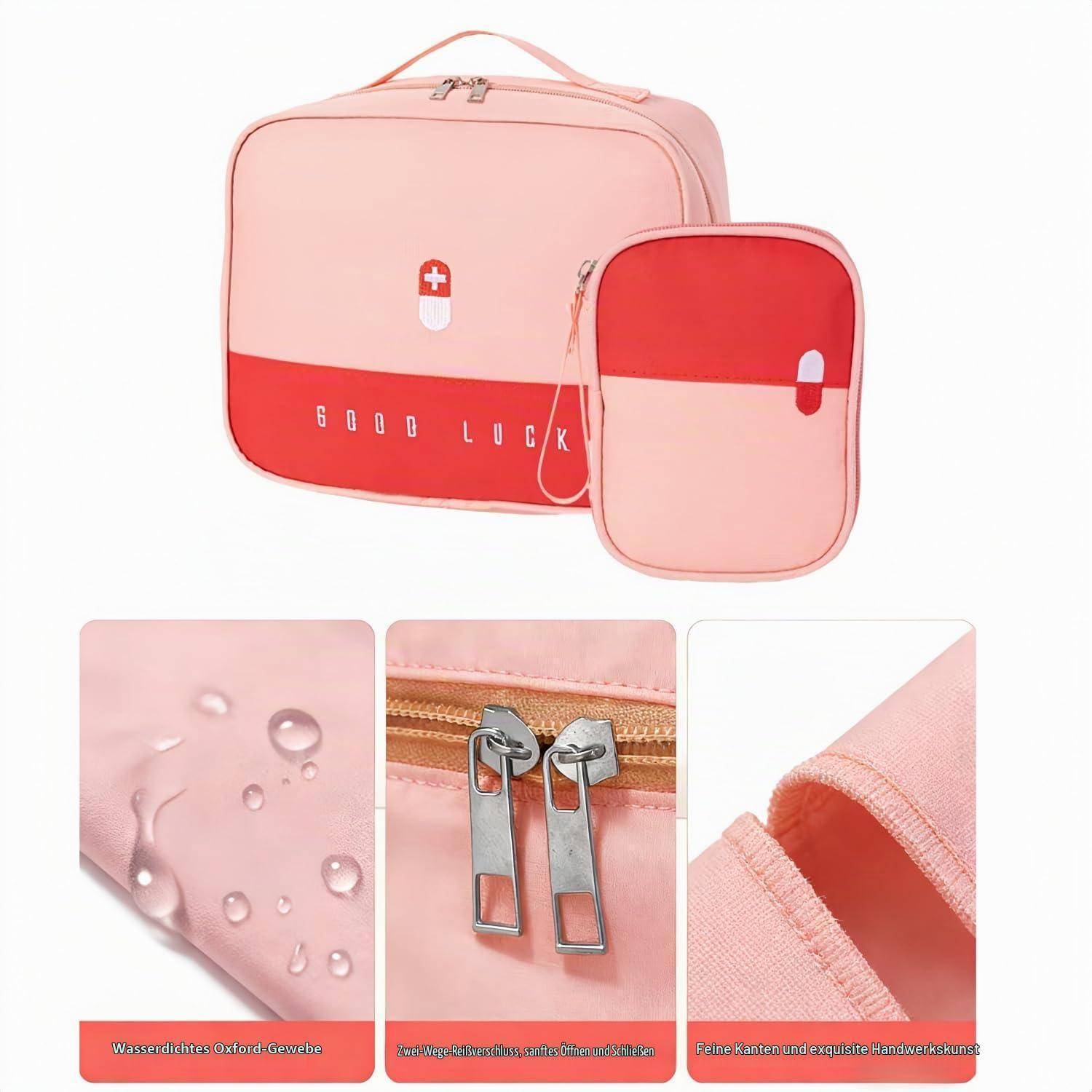 Rosa und rotes Rucksack-Set mit passender Tasche, beschriftet mit „VIEL GLÜCK", plus Nahaufnahmen, die wasserbeständiges Gewebe, doppelte Reißverschlüsse und gepolsterte Kanten zeigen.