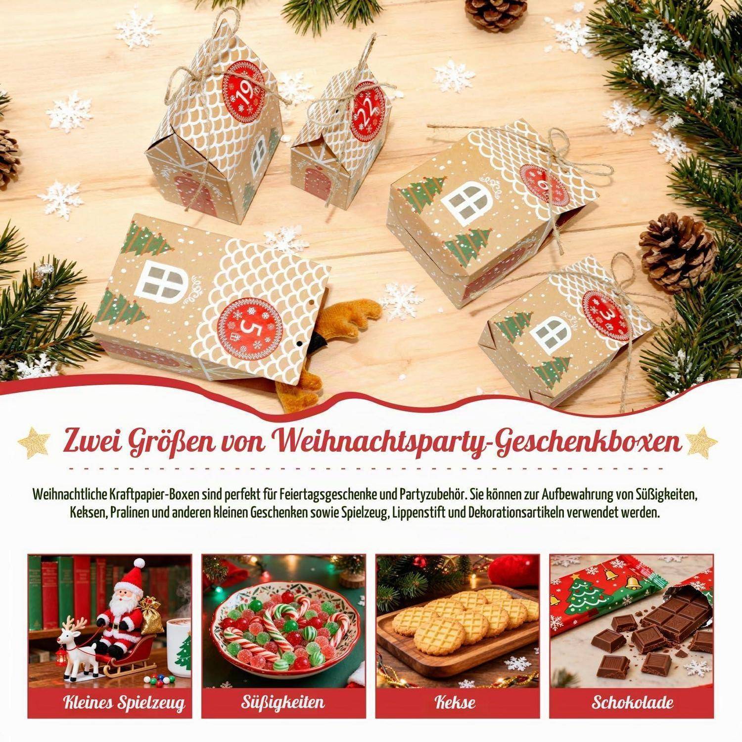 Adventskalender-Geschenkboxen in Hausform, dargestellt mit nummerierten Türen und festlichen Beispielen zum Aufbewahren von kleinen Geschenken, Süßigkeiten, Keksen und Schokolade.