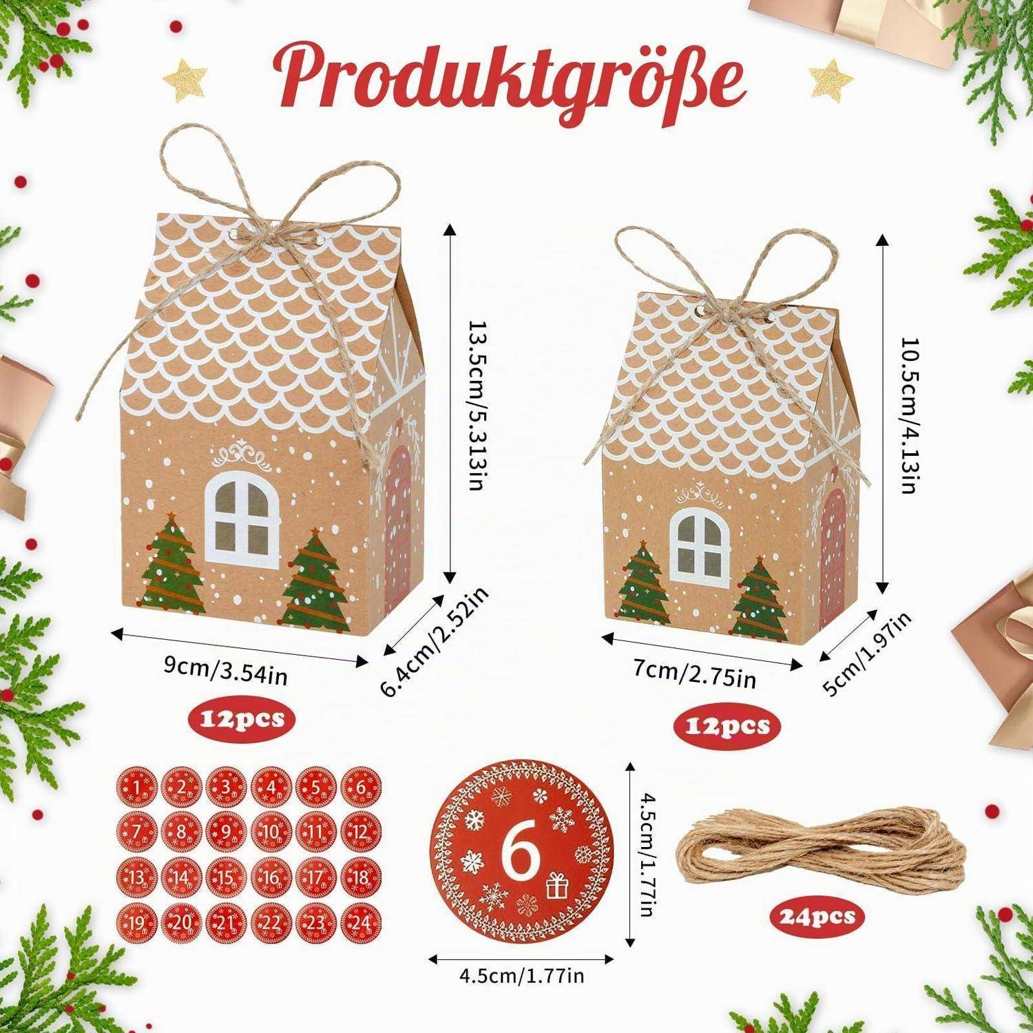 Größenleitfaden für Produkte zu Weihnachtsgeschenktüten: zwei hausförmige Taschen mit den Maßen 13,5 x 9 x 6,4 cm und 10,5 x 7 x 5 cm, zuzüglich beigefügter Anhänger und Schnur.