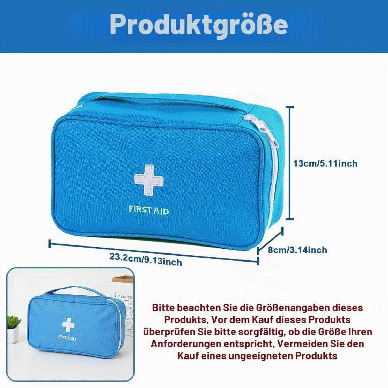 Blauer Erste-Hilfe-Beutel mit Produktgrößenangaben: 23,2 cm breit, 13 cm hoch, 8 cm tief; deutscher Hinweis warnt davor, die Abmessungen vor dem Kauf zu überprüfen.