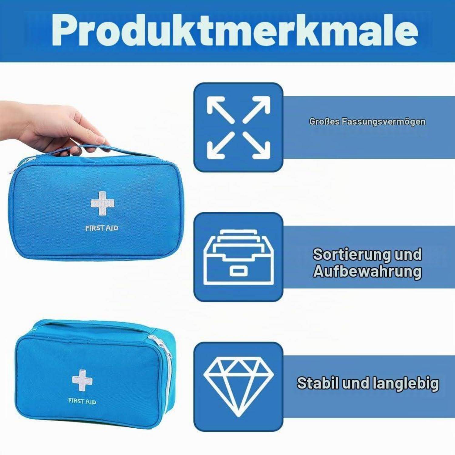Deutsches Produktmerkmal-Grafikdesign für eine blaue Erste-Hilfe-Tasche, die große Kapazität, Organisation und Lagerung sowie robuste Konstruktion zeigt.