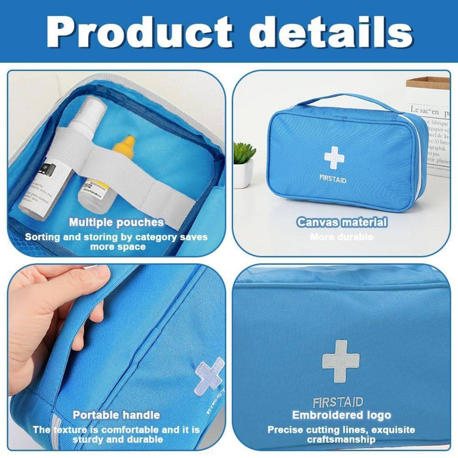 Produktdetails für eine blaue Erste-Hilfe-Tasche mit mehreren Fächern, Leinenmaterial, tragbarem Griff und gesticktem Logo.