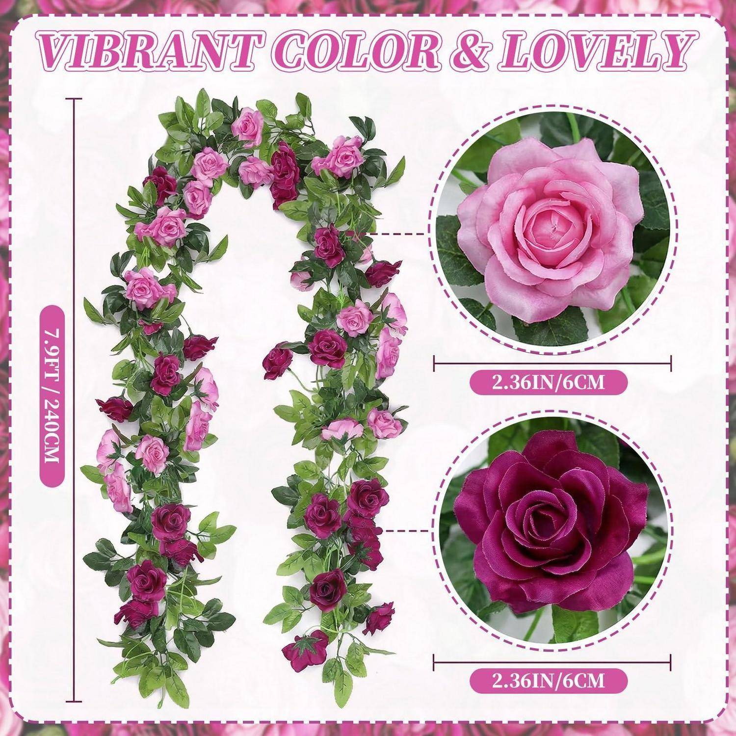 Produktabbildung einer rosa und lila Rosen-Girlande mit grünen Blättern, dargestellt als zwei 7,9 m lange Stränge und Nahaufnahmen von 2,36 Zoll großen Blüten.