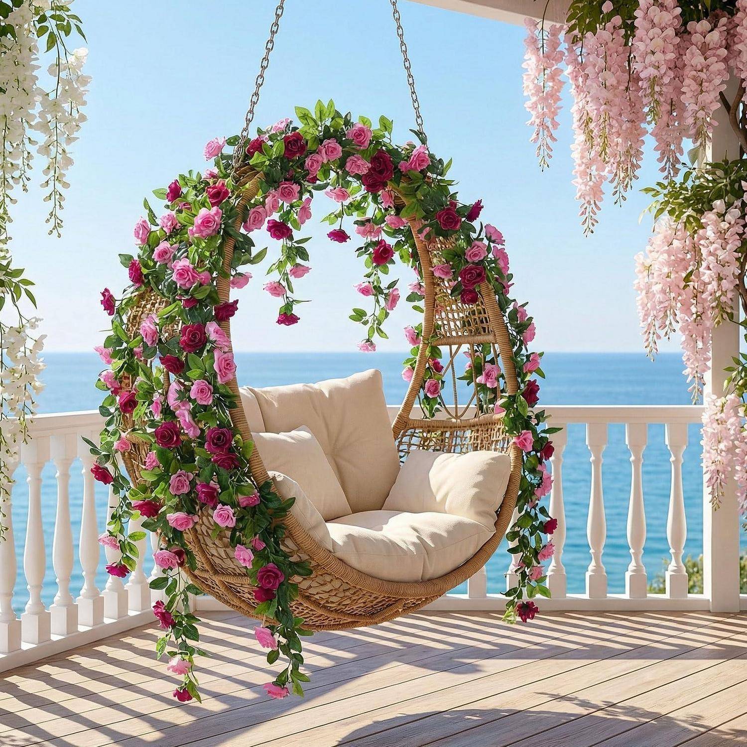 Mit Blumen bedeckter hängender Wicker-Eiersessel mit cremefarbenen Kissen auf einem Meerblick-Balkon mit Blick auf den Ozean.