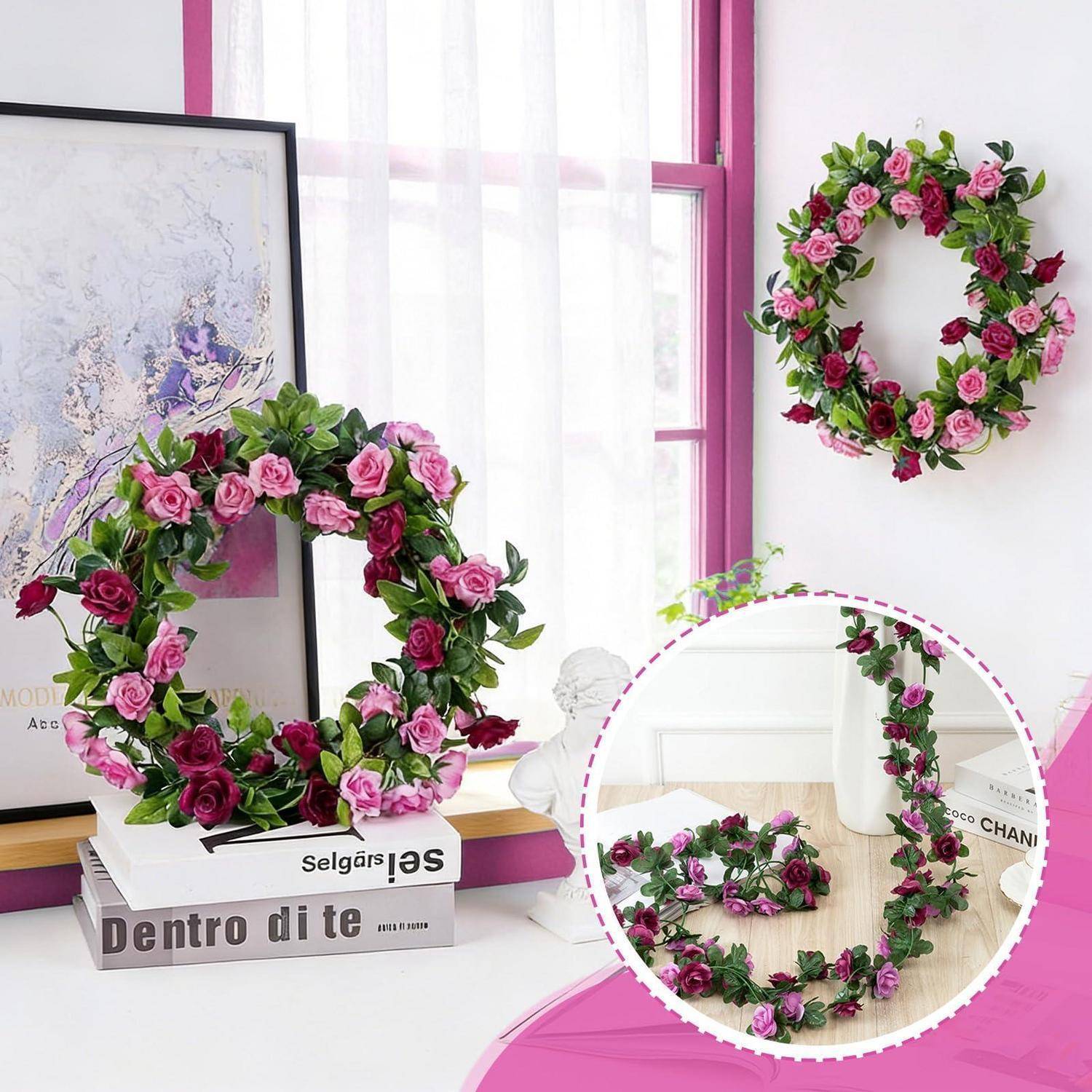 Rosa und violette künstliche Blumenkränze auf einem weißen Regal und an der Wand ausgestellt, mit einer Vergrößerung, die den Kranz flach gelegt und über einem Stuhl drapiert zeigt.
