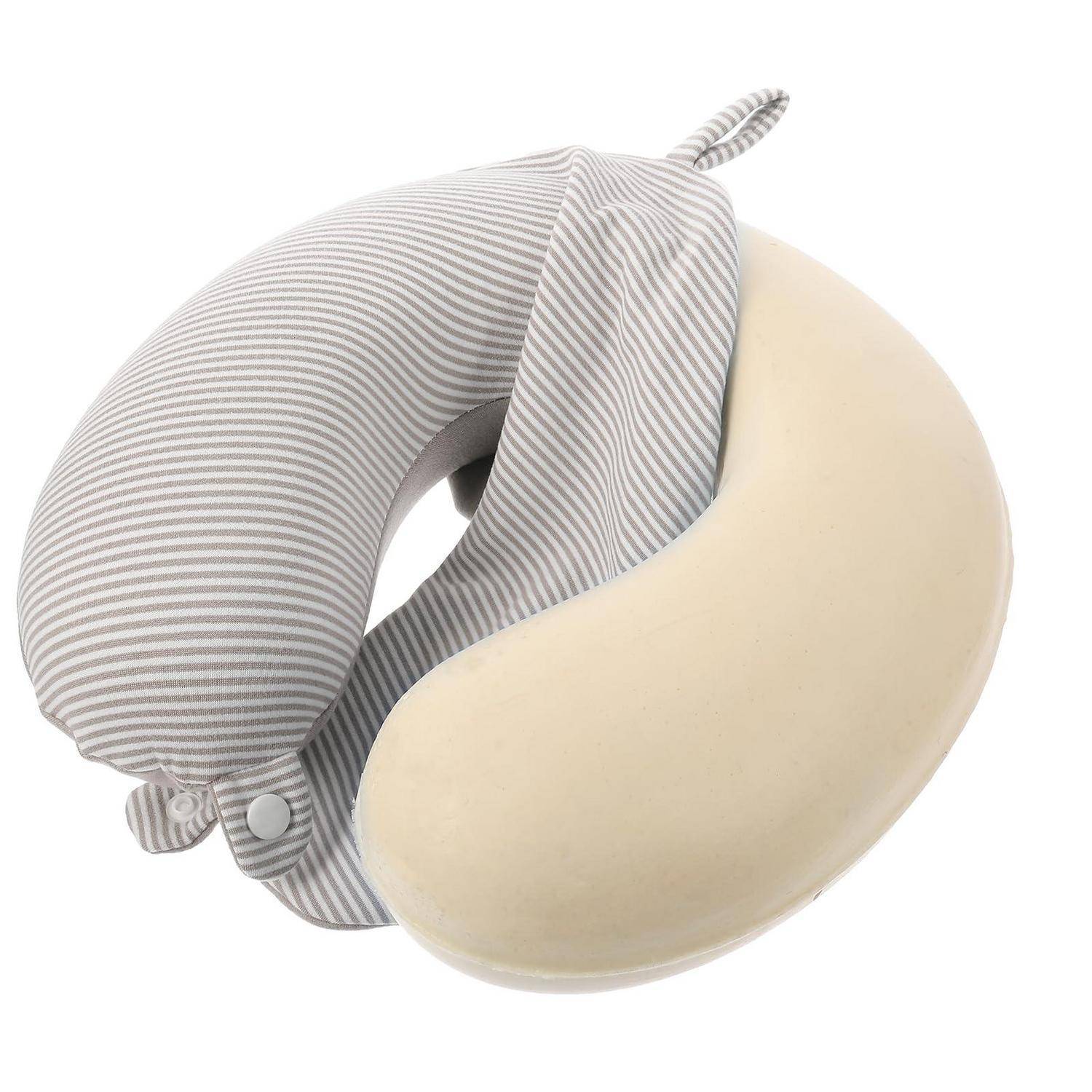 Reisekissen mit U-Form in Grau und Creme gestreift mit Druckknopfverschluss