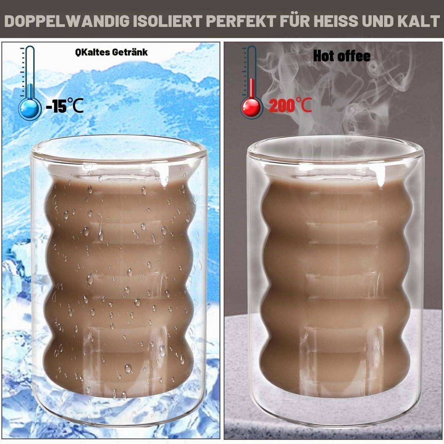 Isolierte Glastassen nebeneinander, die ein kaltes Getränk bei -15°C und heißen Kaffee bei 200°C zeigen und die Wärmespeicherung demonstrieren.