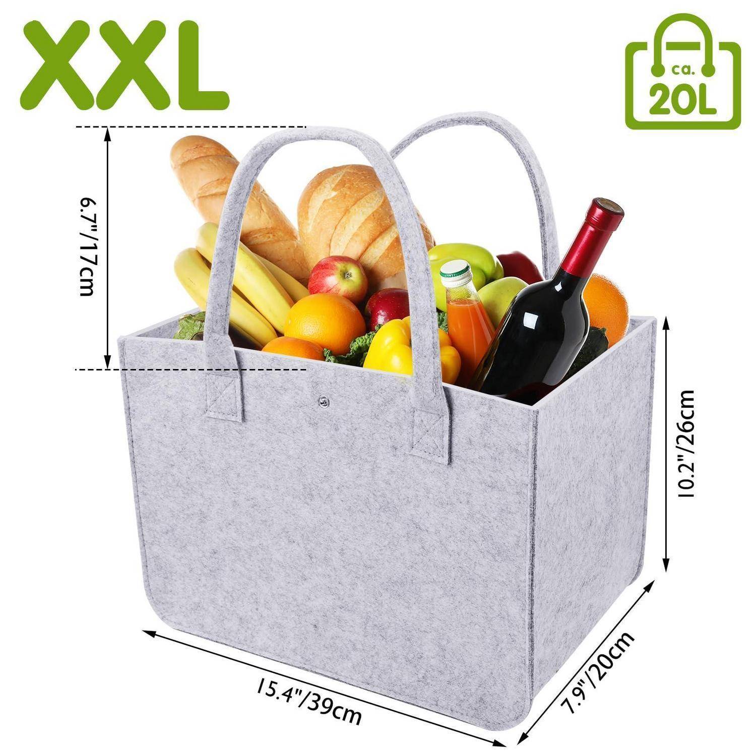 Graue Filz-Einkaufstasche gefüllt mit Lebensmitteln und Weinflasche, beschriftet mit XXL und 20L, mit angegebenen Abmessungen: 39 cm breit, 20 cm tief, 26 cm hoch, Griffe 17 cm hoch.