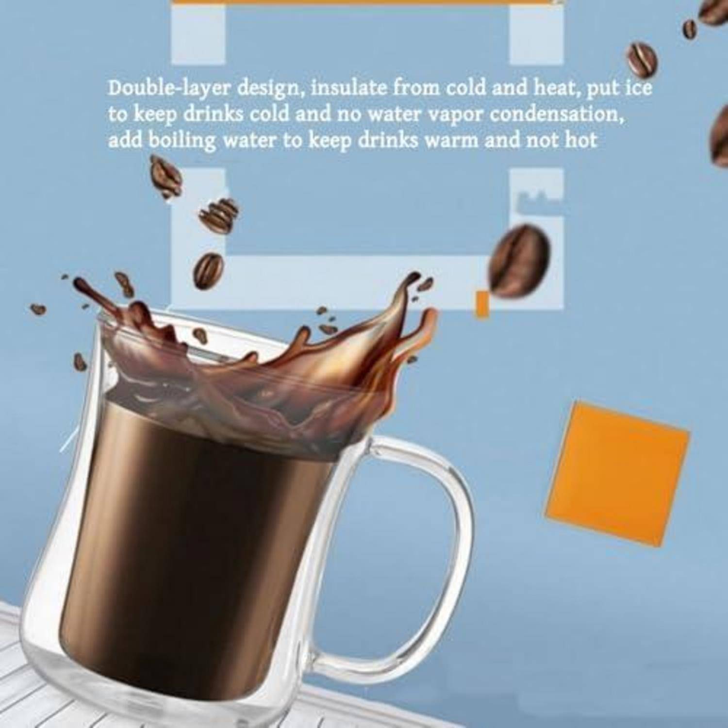 Doppelwandige Glastasse mit Kaffeespritzer, die eine Isolierung bewirbt, die Getränke kalt oder warm hält und Kondensation verhindert.