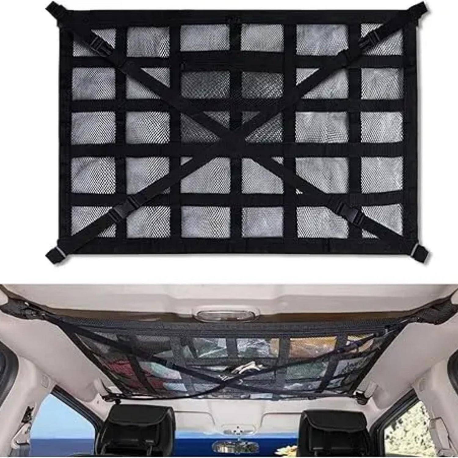 Schwarzes Maschenladungsnetz, das an der Decke eines Autos oder SUV installiert ist, um Gegenstände während der Fahrt oben zu sichern.