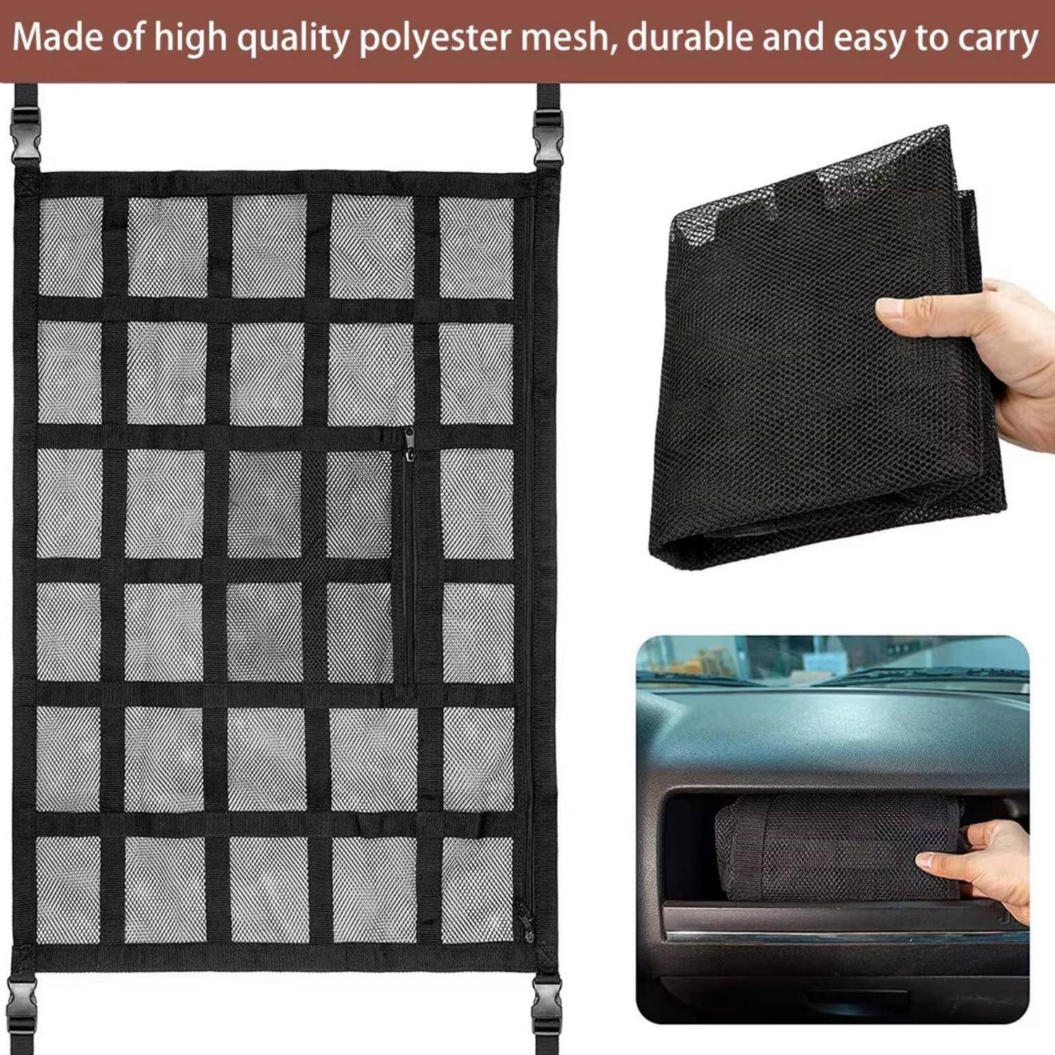 Schwarzer Polyester-Mesh-Autohänger-Organizer gezeigt gefaltet und in einer Fahrzeugtürklasche installiert zur einfachen Aufbewahrung.