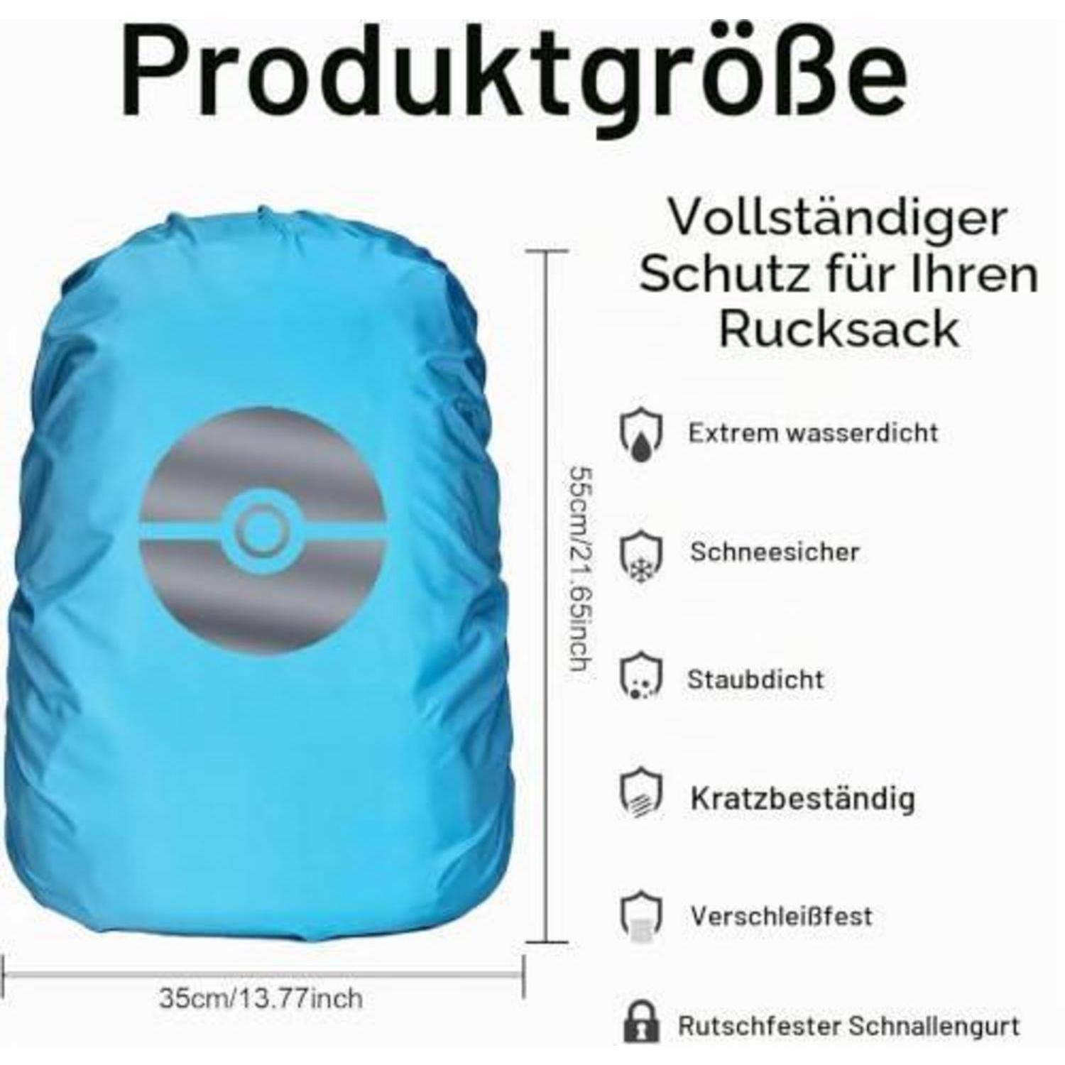 Deutsches Produktbild mit einer blauen Regenschutzhülle für Rucksäcke, 55 cm hoch und 35 cm breit, mit Angaben zum vollständigen Rucksackschutz: wasserdicht, schneefest, staubdicht, kratzfest, verschleißfest und rutschfester Schnallengurt.