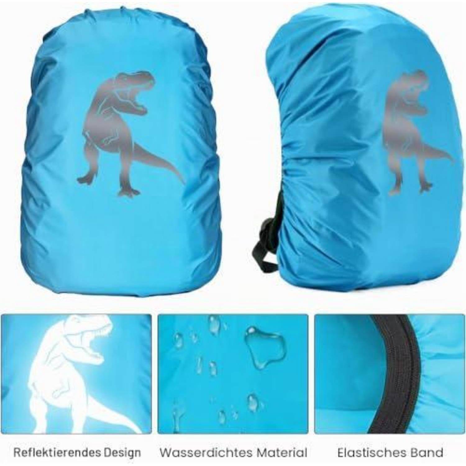 Blauer Rucksack-Regenschutz mit reflektierender Dinosaurier-Grafik, zeigt wasserdichtes Material und Gummiband.