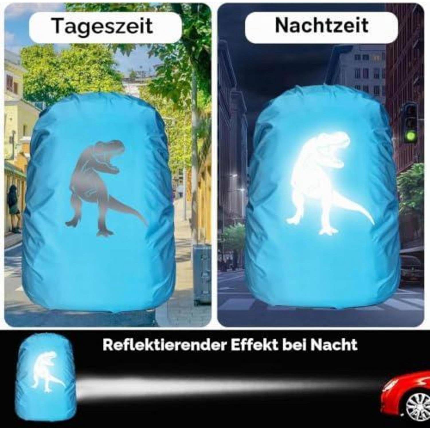 Blauer Rucksacküberzug mit Dinosaurier-Silhouette, der bei Tageslicht sichtbar ist und nachts reflektierend leuchtet, um die Sichtbarkeit für Fahrer zu verbessern.