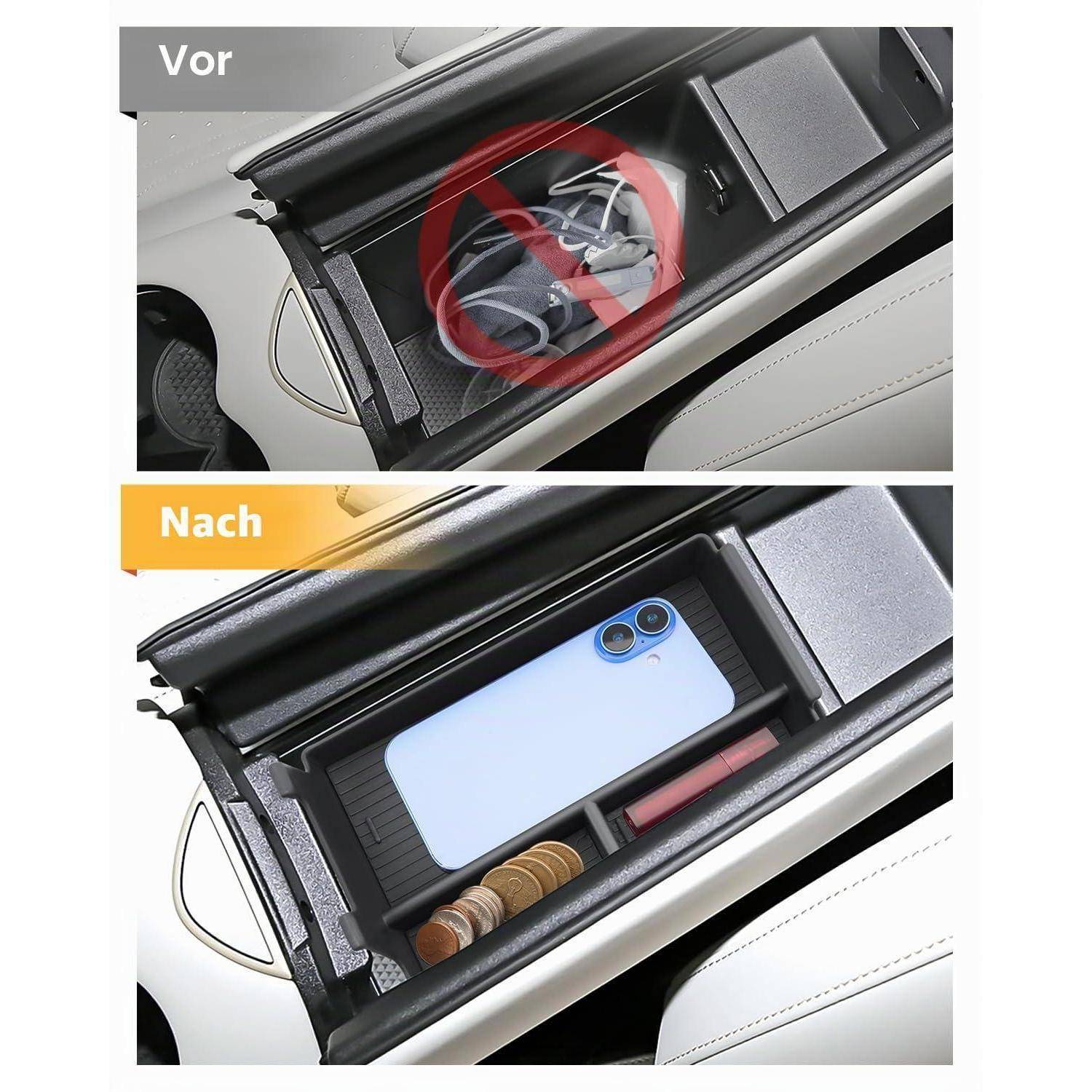 Organisator für die Mittelkonsole des Autos, shown vorher und nachher: ungeordnetes Fach ersetzt durch ordentlich angeordnetes Telefon, Münzen und Zubehör.