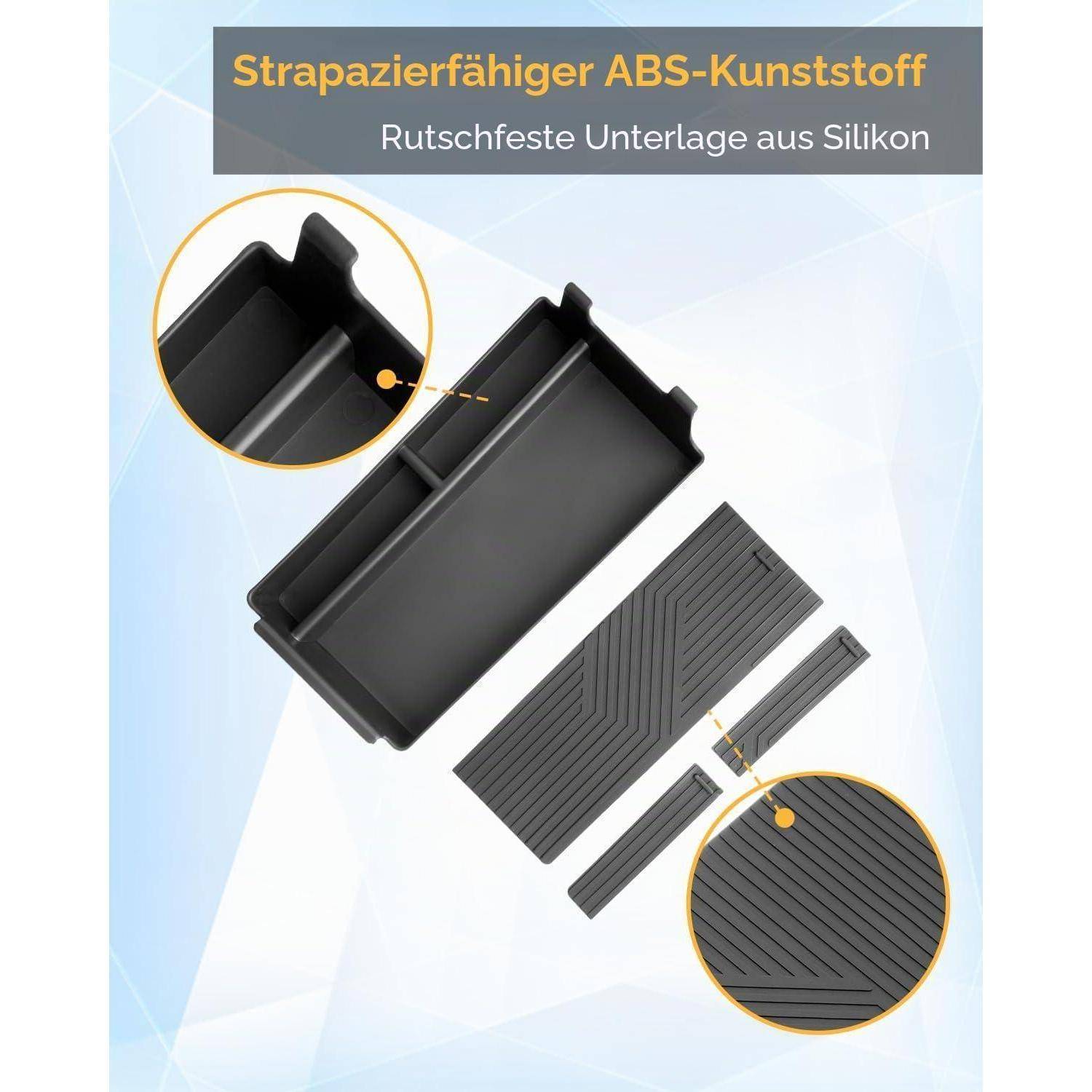 Produktbild einer schwarzen ABS-Organisationsschale mit rutschfester Silikonunterlage, gezeigt mit detaillierten Nahaufnahmen und deutschem Text: 'Strapazierfähiger ABS-Kunststoff' und 'Rutschfeste Unterlage aus Silikon'.
