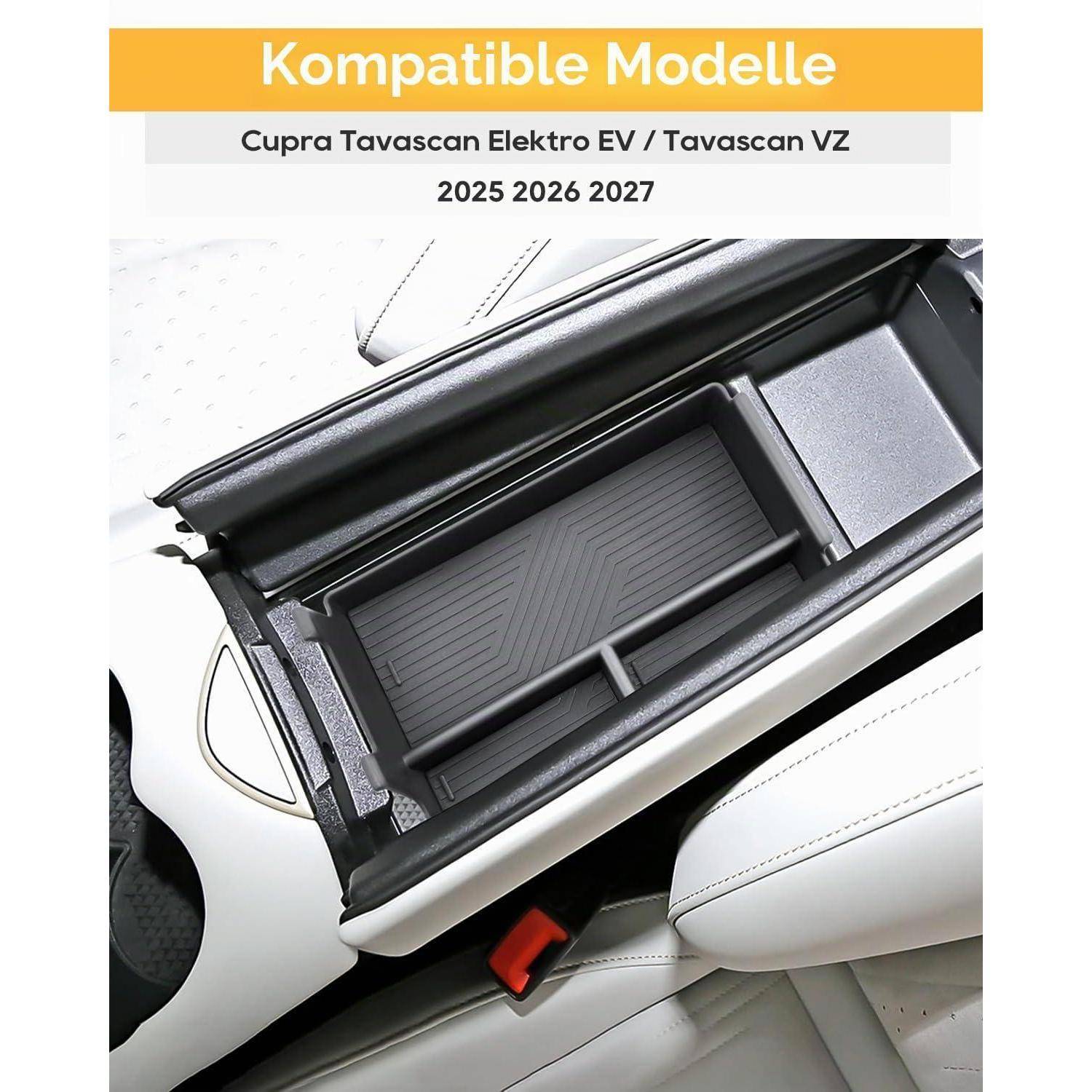 Organizer-Tablett für Autoinnenraum mit Kennzeichnung "Kompatible Modelle"" für Cupra Tavascan Elektro EV/Tavascan VZ, 2025-2027, gezeigt im eingebauten Zustand in der mittleren Mittelkonsole.
