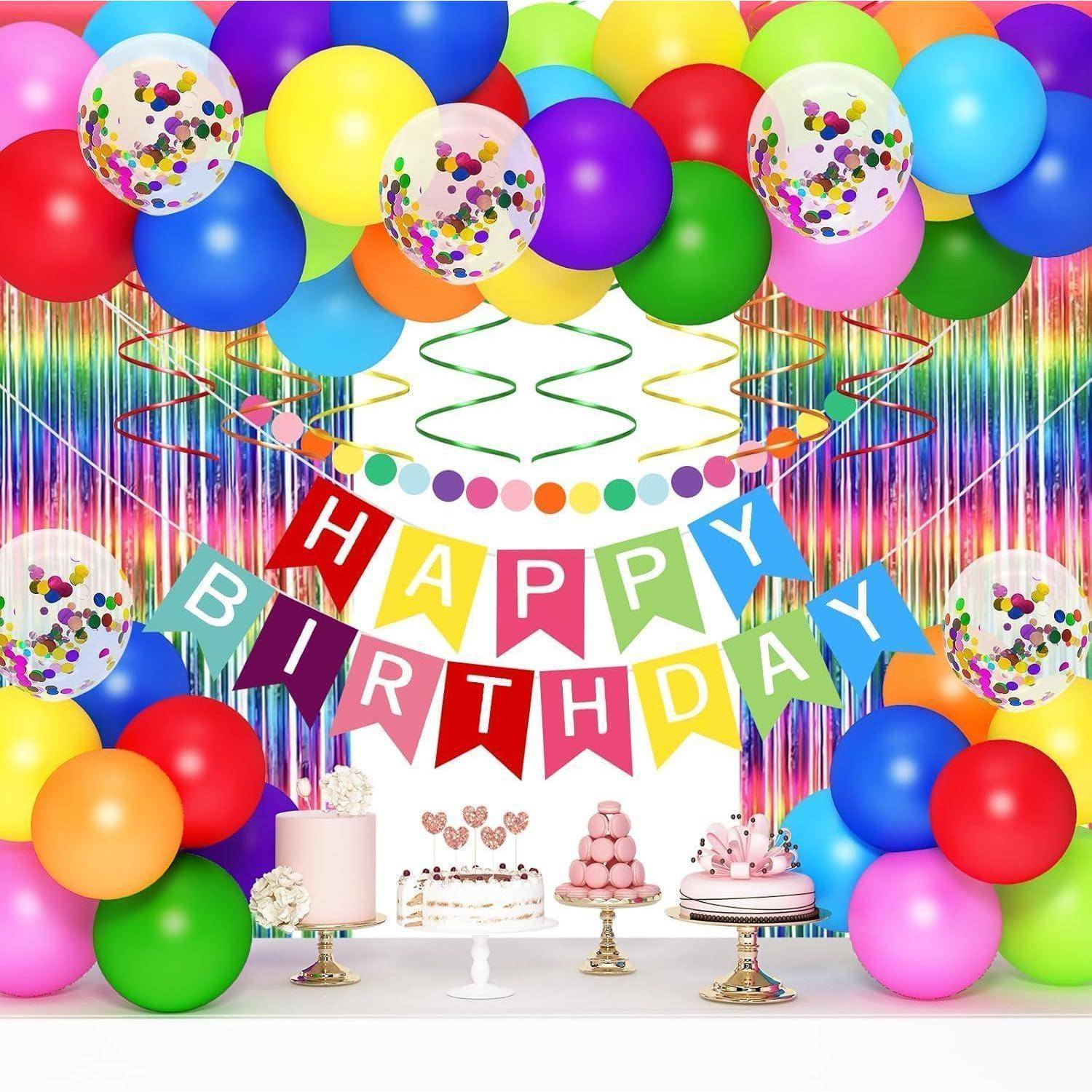 Farbenfrohe Geburtstagsparty-Kulisse mit Luftballons, Konfetti, 'ALLES GUTE ZUM GEBURTSTAG'-Banner und dekorierten Kuchen auf Präsentationstischen.