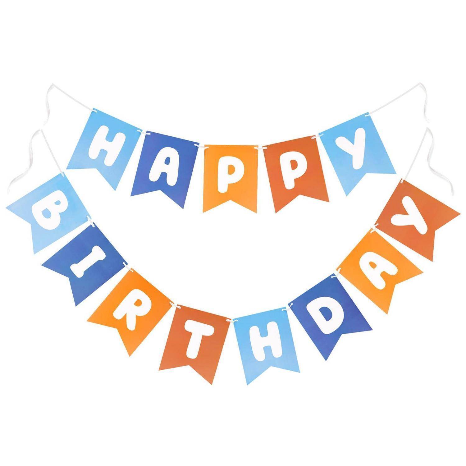 Bunte Wimpelgirlande mit den Buchstaben 'ALLES GUTE ZUM GEBURTSTAG' in blauen, orangefarbenen und weißen Buchstaben auf weißem Hintergrund.