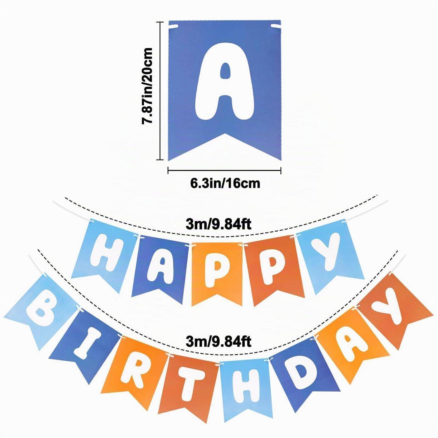 Illustration von anpassbaren Buchstaben-Wimpelgirlanden: eine Flagge mit dem Buchstaben „A" und zwei gekrümmte 3-m-Girlanden-Beispiele, die „HAPPY"" und „BIRTHDAY"" in Blau, Orange und Weiß buchstabieren.