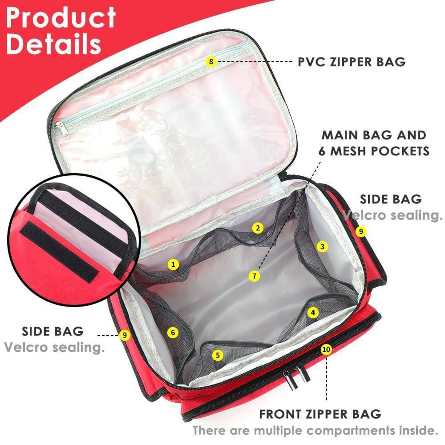 Annotierte offene rote Reisetasche mit PVC-Reißverschluss oben, Hauptfach, 6 Netztaschen, seitlichen Klettverschlusstaschen und vorderer Reißverschlusstache.