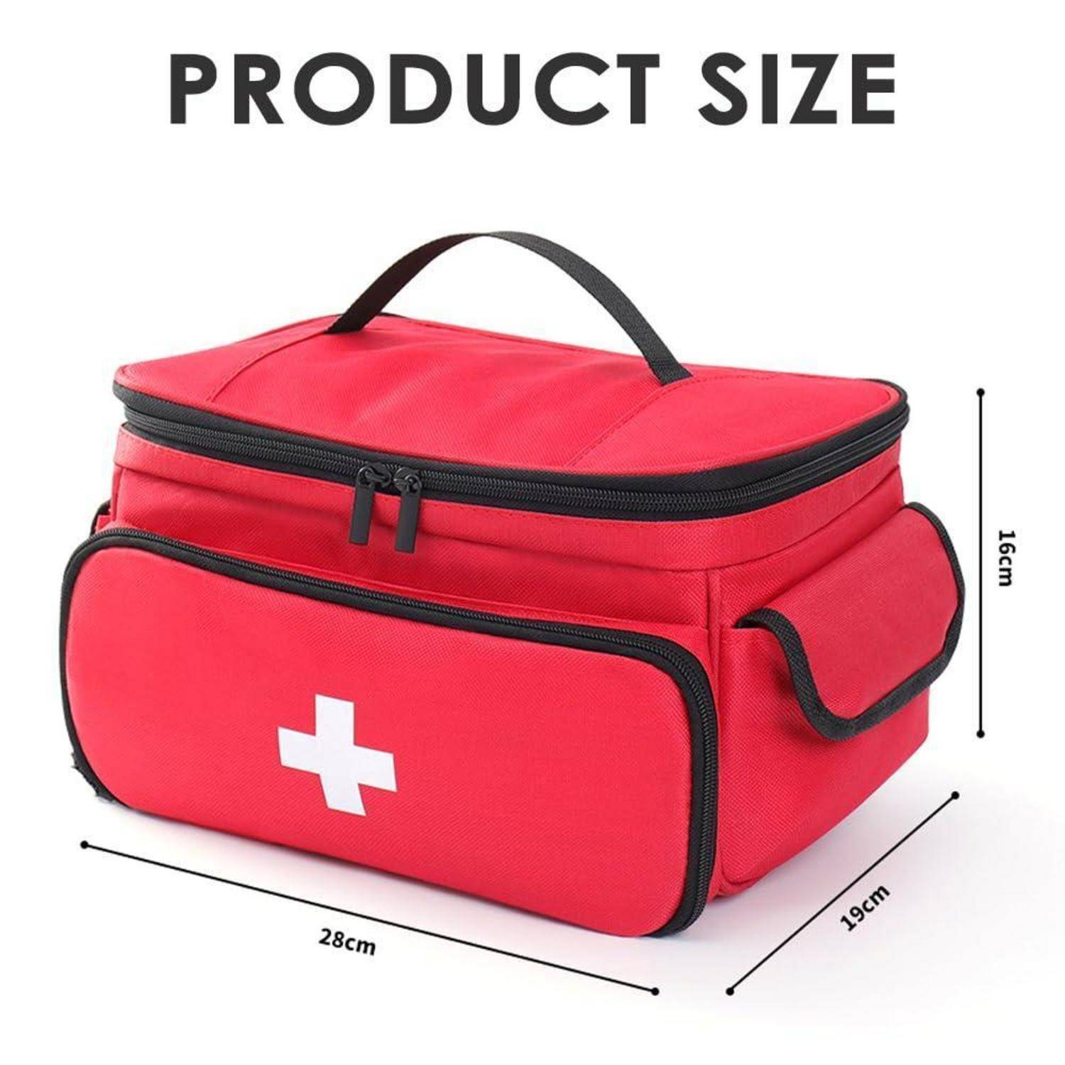 Rote Erste-Hilfe-Tasche mit der Bezeichnung „PRODUKTGRÖSSE" mit den Abmessungen 28 cm Breite, 19 cm Tiefe und 16 cm Höhe.