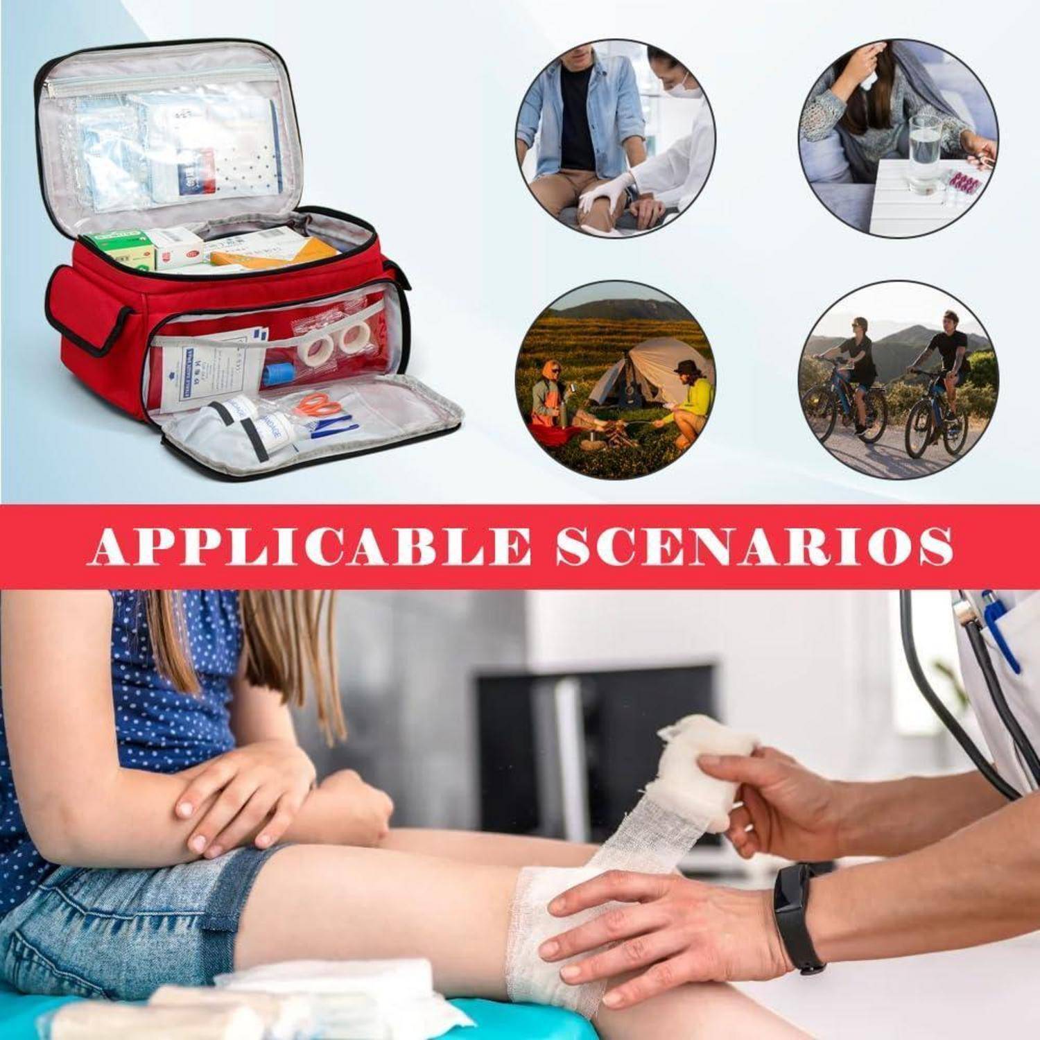 Erste-Hilfe-Set mit Materialien und Banner „ANWENDBARE SZENARIEN" über Kreisen, die Anwendungsfälle zeigen, sowie ein Beinverband, der bei einem Patienten angelegt wird.