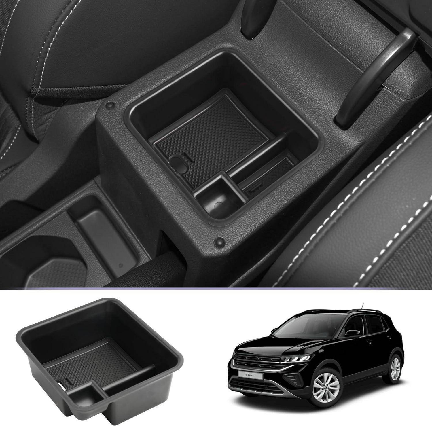 Ablagefach für die mittlere Konsole im Auto mit Getränkehalter und kleinem Fach; die Vergrößerung zeigt das Tablett und den schwarzen SUV, in den es passt.