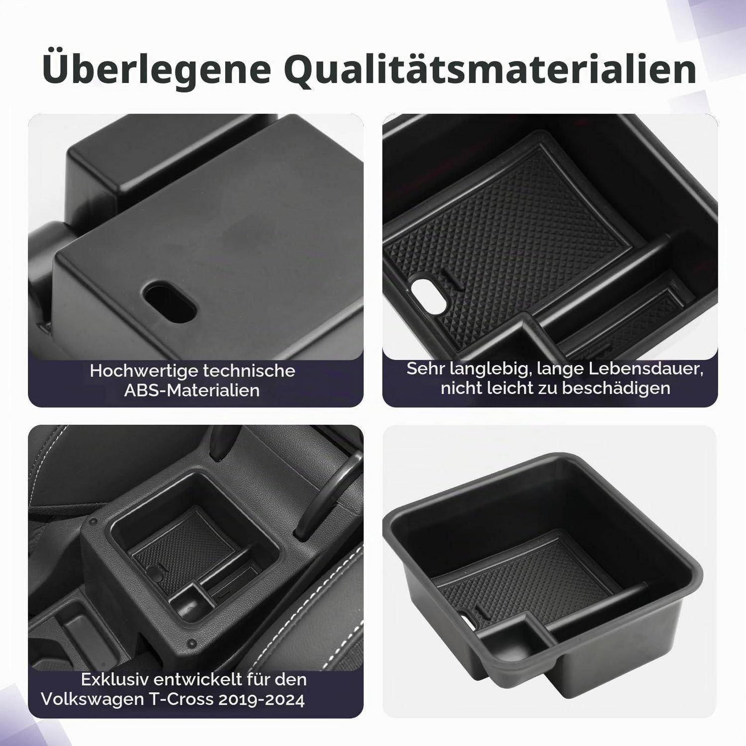 Werbecollage einer schwarzen Autoinnenorganizer-Einsatz, der langlebige ABS-Materialien und maßgeschneiderte Passform für Volkswagen T-Cross 2019-2024 hervorhebt.