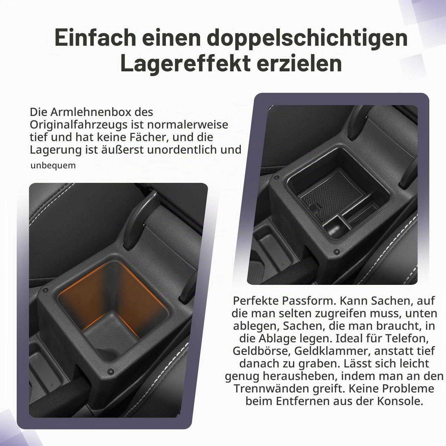 Deutschische Werbegrafik, die einen Autoumlegen-Organizer mit einem oberen Fach und tieferem unteren Stauraum zeigt, wobei die doppellagige Lagerung für einfacheren Zugriff und ordnungsgemäßere Organisation veranschaulicht wird.