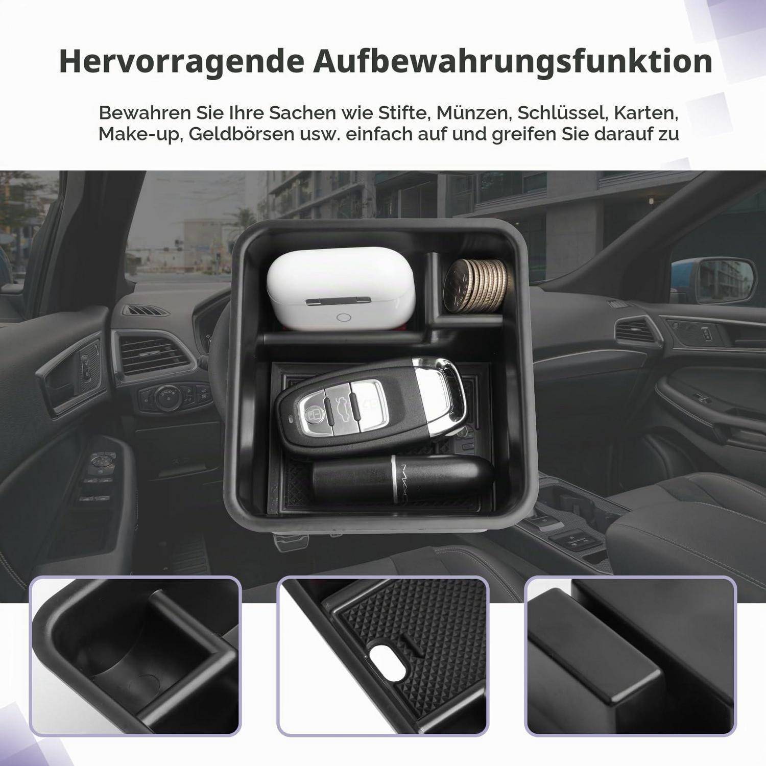 Mittelkonsolenorganizer für das Auto, der Ohrhörer, Schlüssel, Münzen und einen Stift aufbewahrt, gezeigt in einem Autoinnenraum mit drei vergrößerten Detailansichten der Fächer.