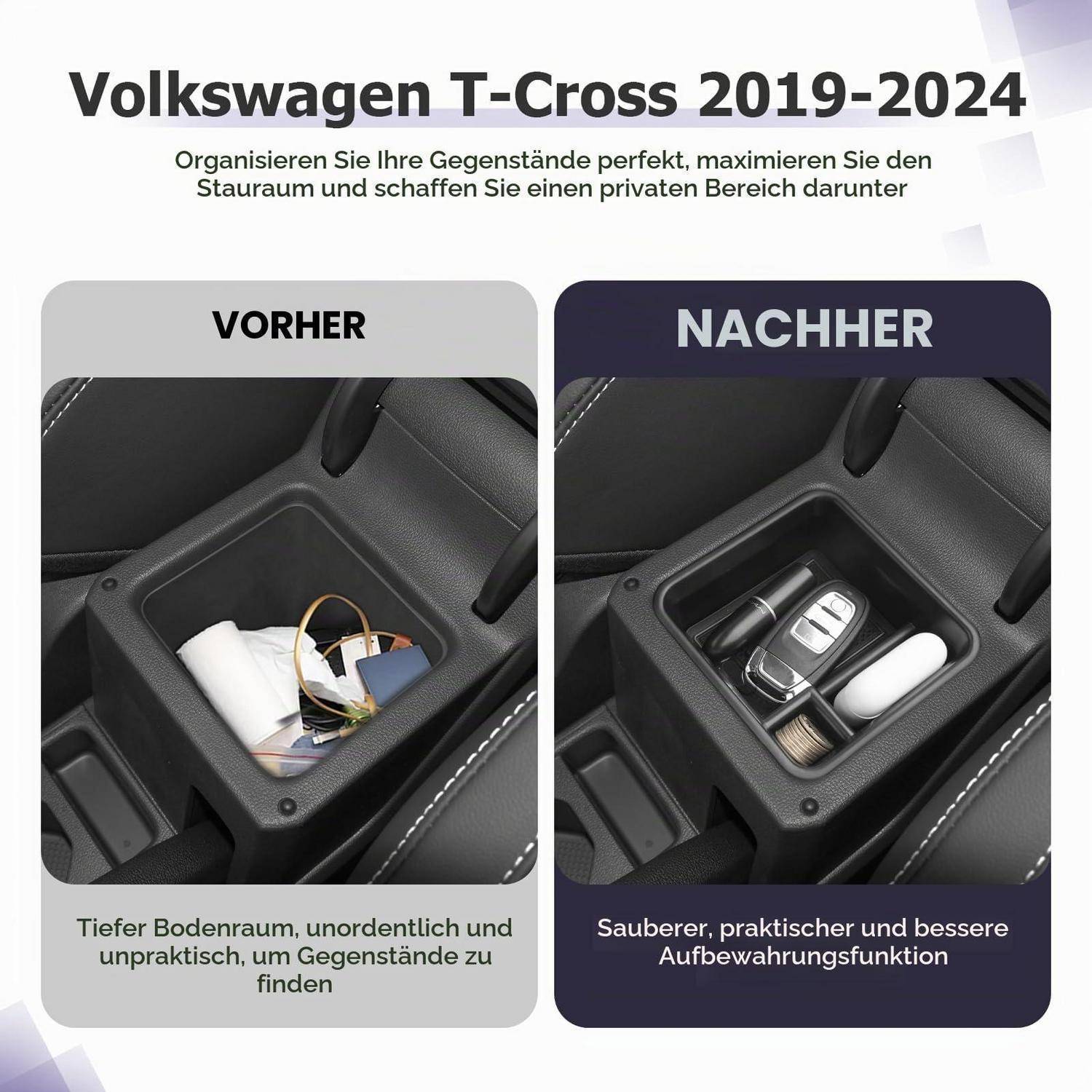 Mittelkonsole Armlehne Aufbewahrungsbox für VW T-Cross 2018-2025 Schwarz