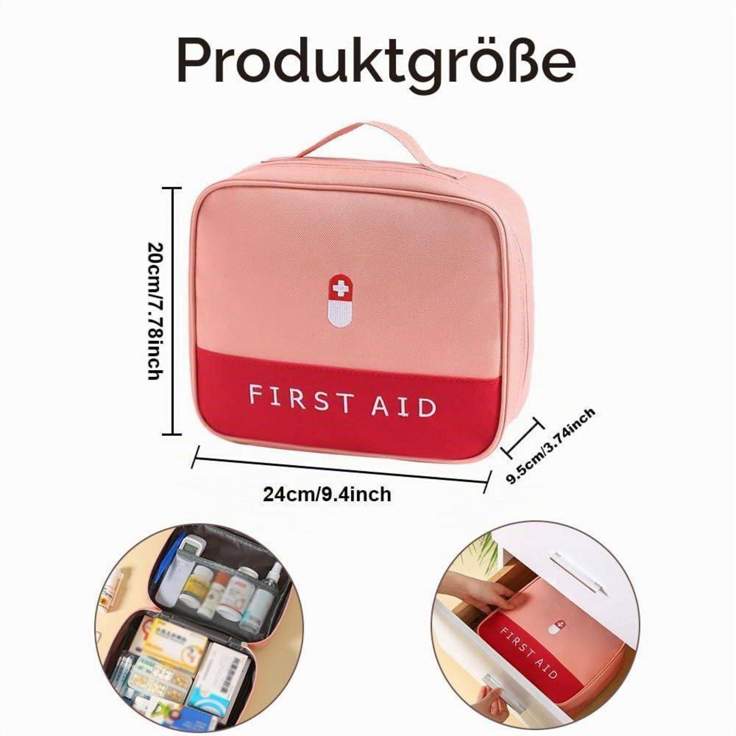 Rosa Erste-Hilfe-Tasche mit Produktgröße: 24 cm breit, 20 cm hoch, 9,5 cm tief, plus kreisförmige Ansichten im Gebrauch und gepackt.