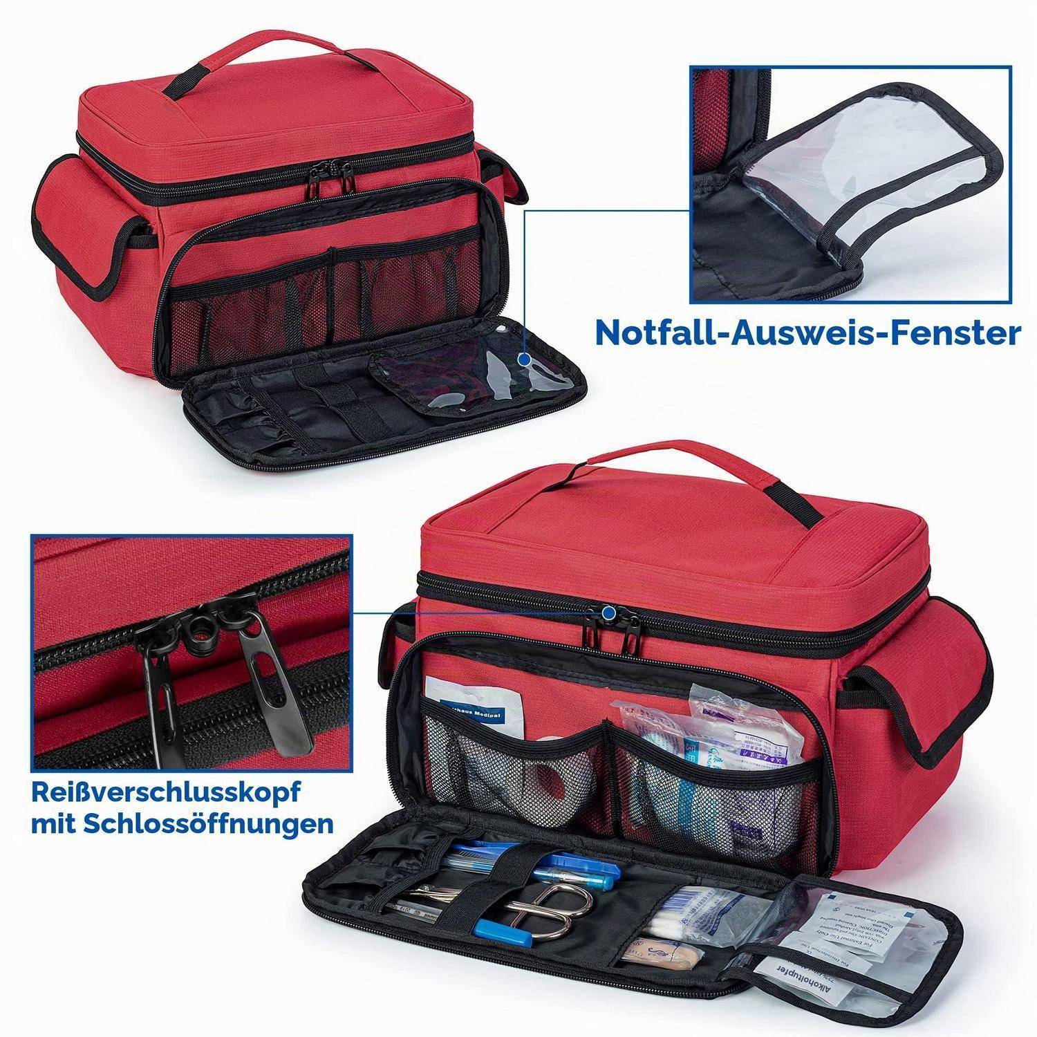 Rote Notfalltasche mit mehreren Fächern und transparenten Vordertaschen, offen dargestellt mit Notfallausrüstung und gekennzeichneten Details für Ausweisfenster und Reißverschlusszug.