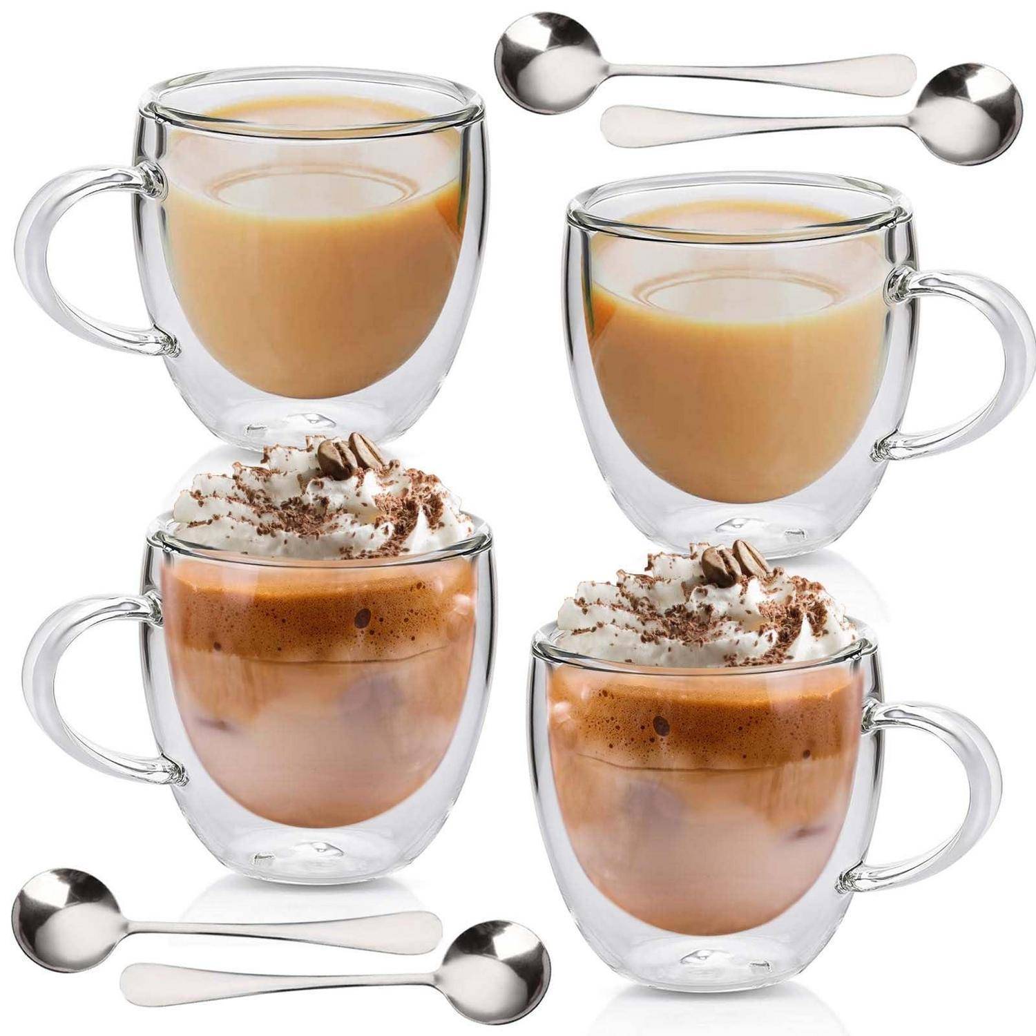 Doppelwandige Gläser Set 4x250ml mit Löffeln, Borosilikatglas, Thermogläser