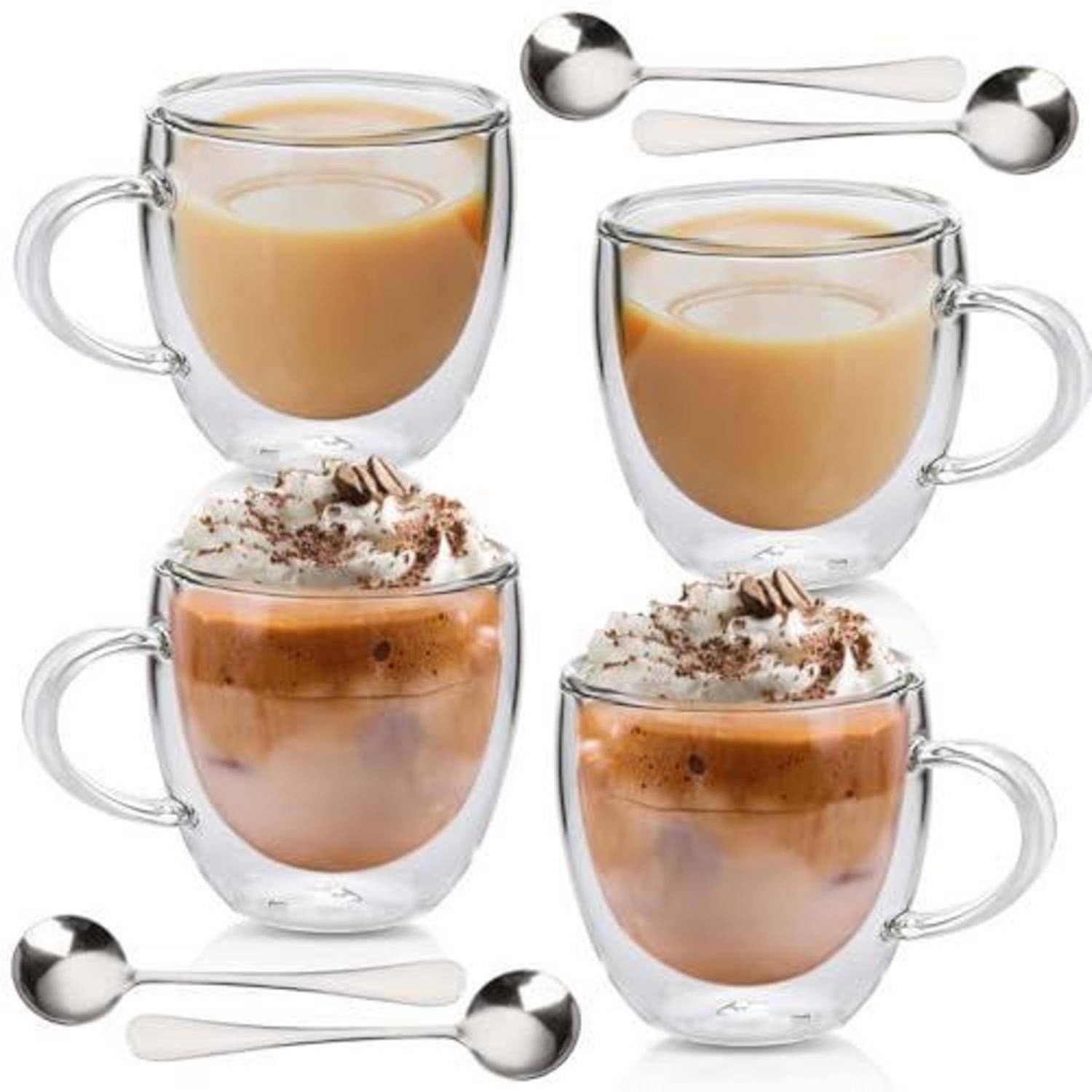 Doppelwandige Gläser Set 4x250ml mit Löffeln, Borosilikatglas, Thermogläser