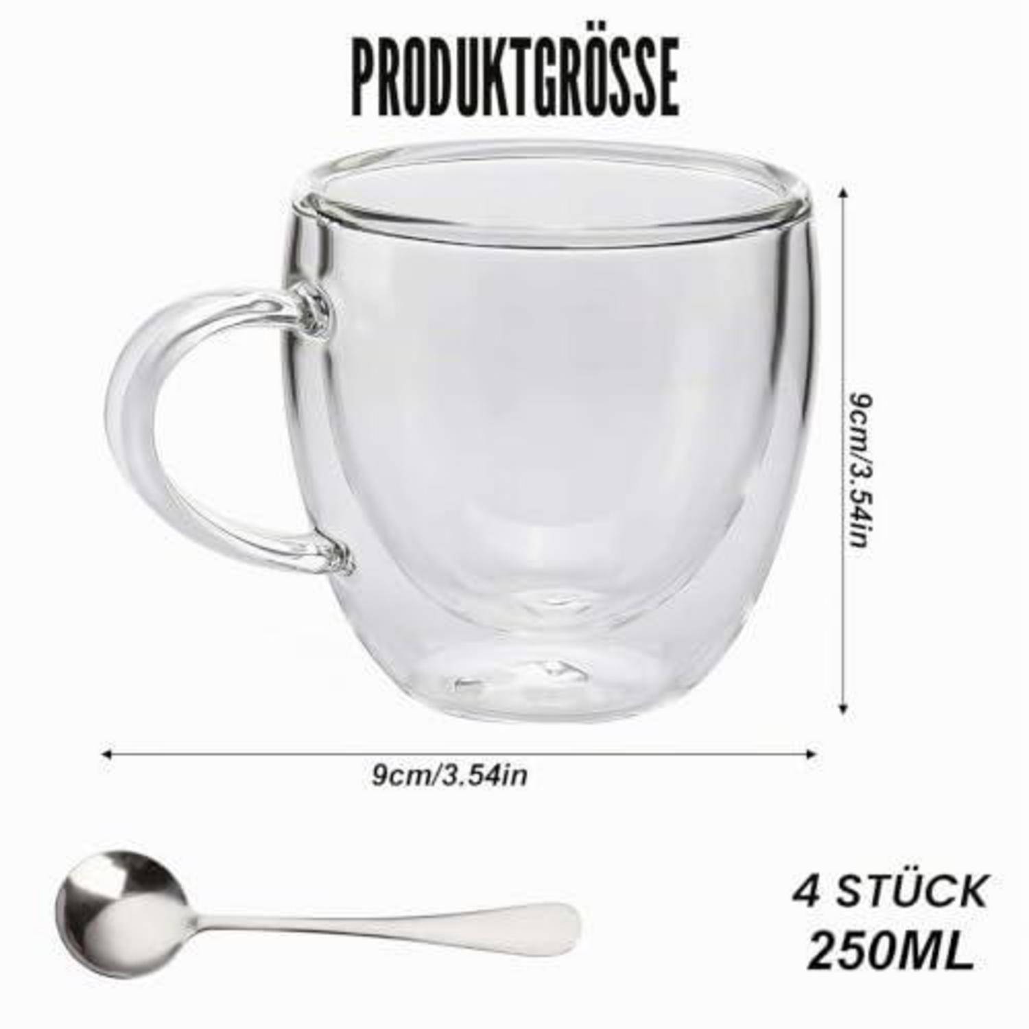 Doppelwandige Gläser Set 4x250ml mit Löffeln, Borosilikatglas, Thermogläser