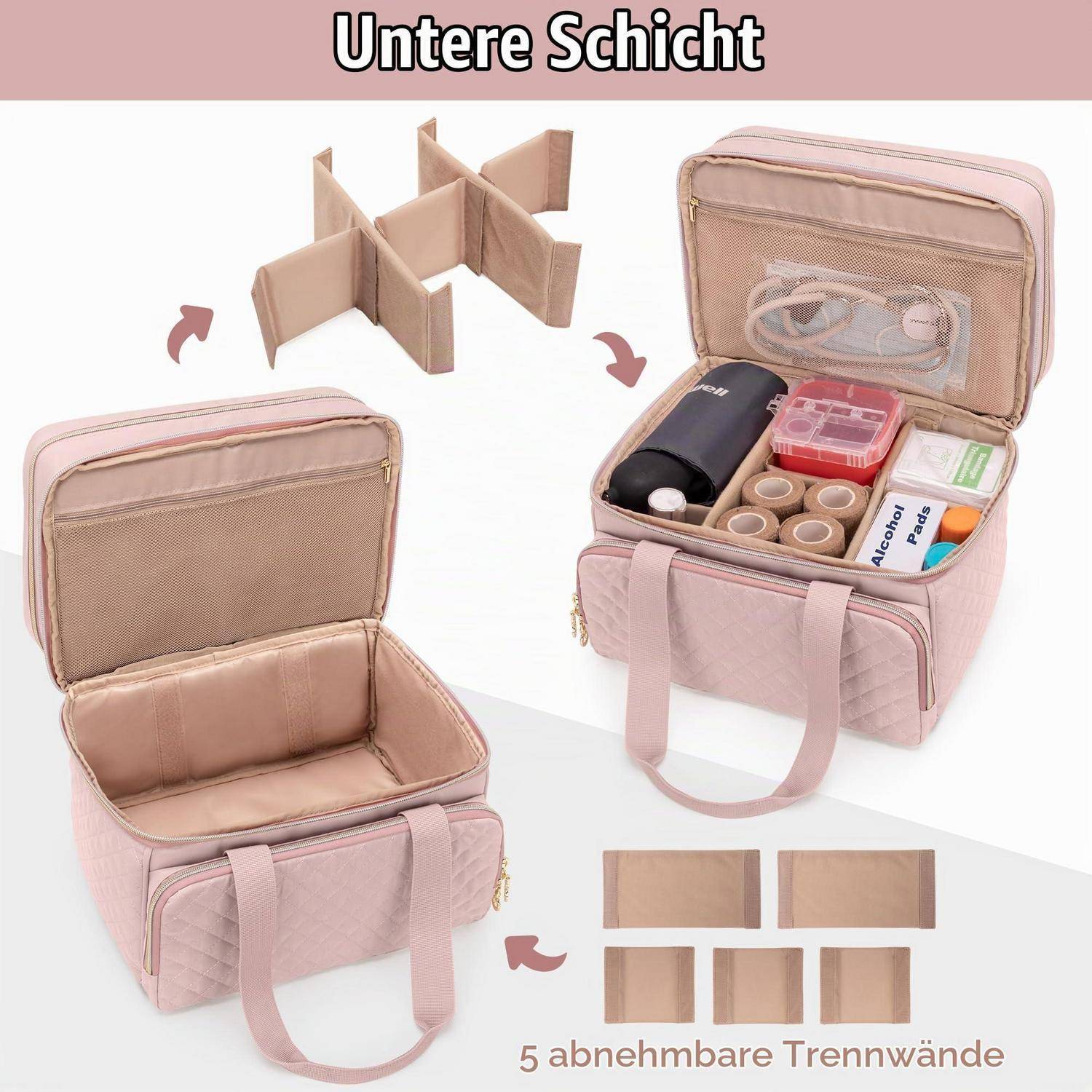 Yarwo Medikamententasche Rosa | Reiseapotheke mit Trennwänden | 30x20x25cm