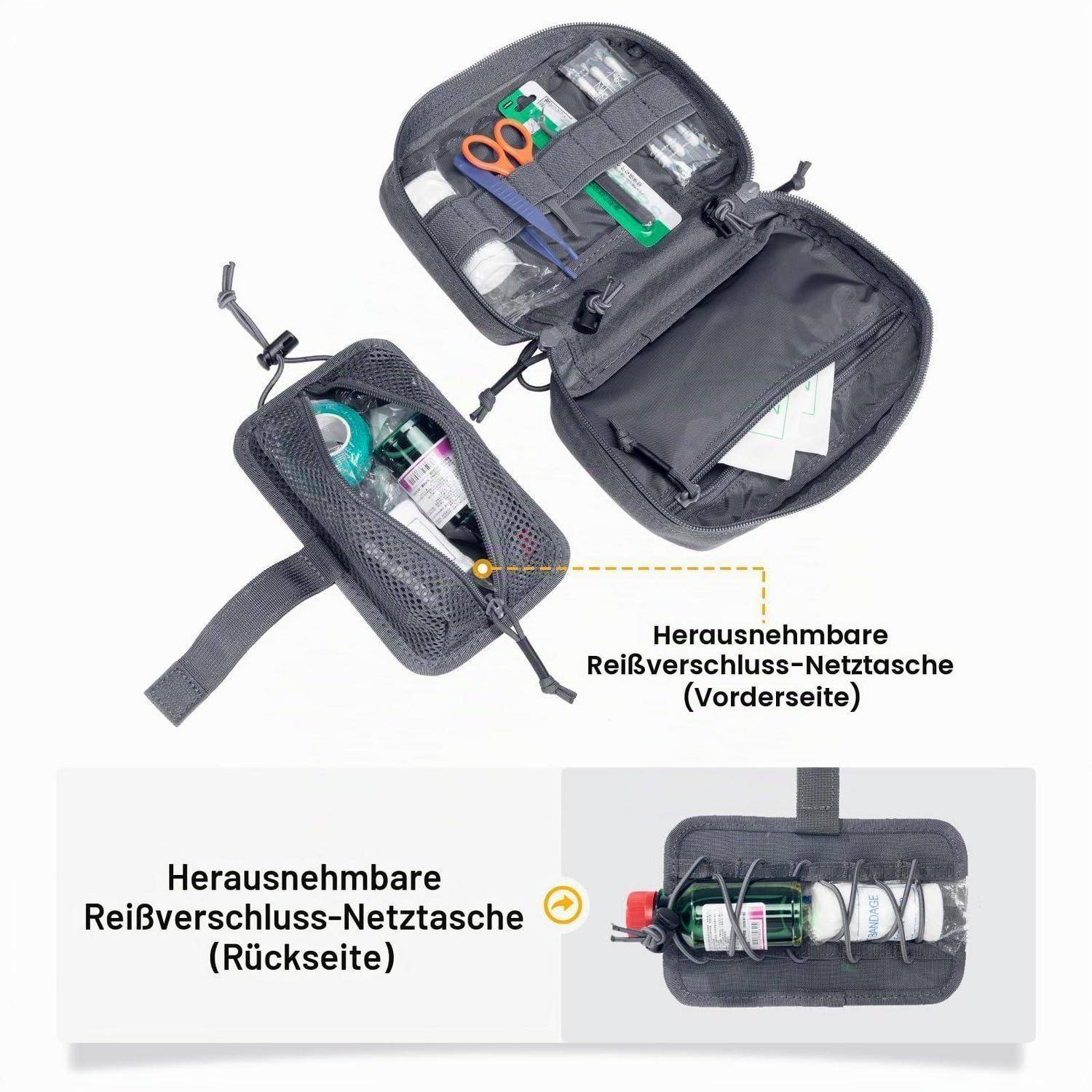 Schwarzer Reißverschluss-Organizertasche mit abnehmbarer Netztasche, von vorne und hinten gezeigt, beschriftet mit „Herausnehmbare Reißverschluss-Netztasche" und „Rückseite"".