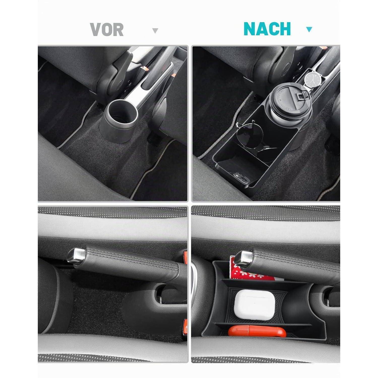 Vier-Panel-Vorher-Nachher-Ansicht einer Autoinnenraum-Aufbewahrungsorganizer, die Getränkehalter und Fächer im Bereich der Mittelkonsole und Armlehne hinzufügt.