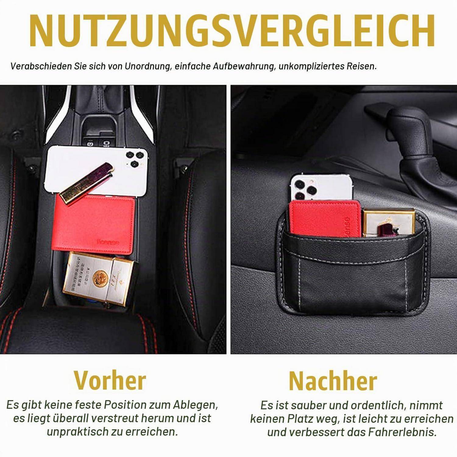 Vergleich der nebeneinander angeordneten Autospeicherung: „Vorher" zeigt lose Gegenstände, die in der Mittelkonsole verstreut sind; „Nachher"" zeigt einen kompakten Organizer, der ein Telefon, Geldbörse und Karten ordentlich neben der Schaltkulisse hält.
