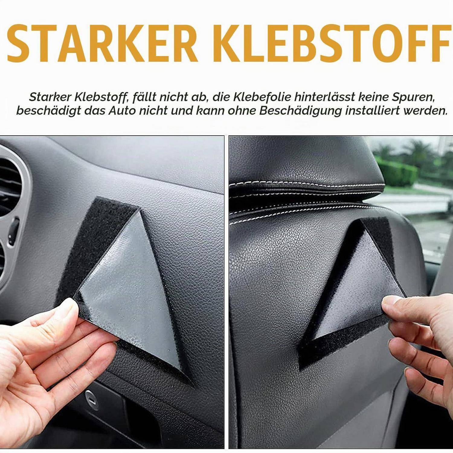 Anzeige für starken Klebstoff-Schutzfilm für Autoinnenraum: Hände schälen schwarzflächige Pads vom Armaturenbrett und von der Sitzseite ab, mit deutschem Text, der besagt, dass es keine Rückstände oder Beschädigungen hinterlässt.