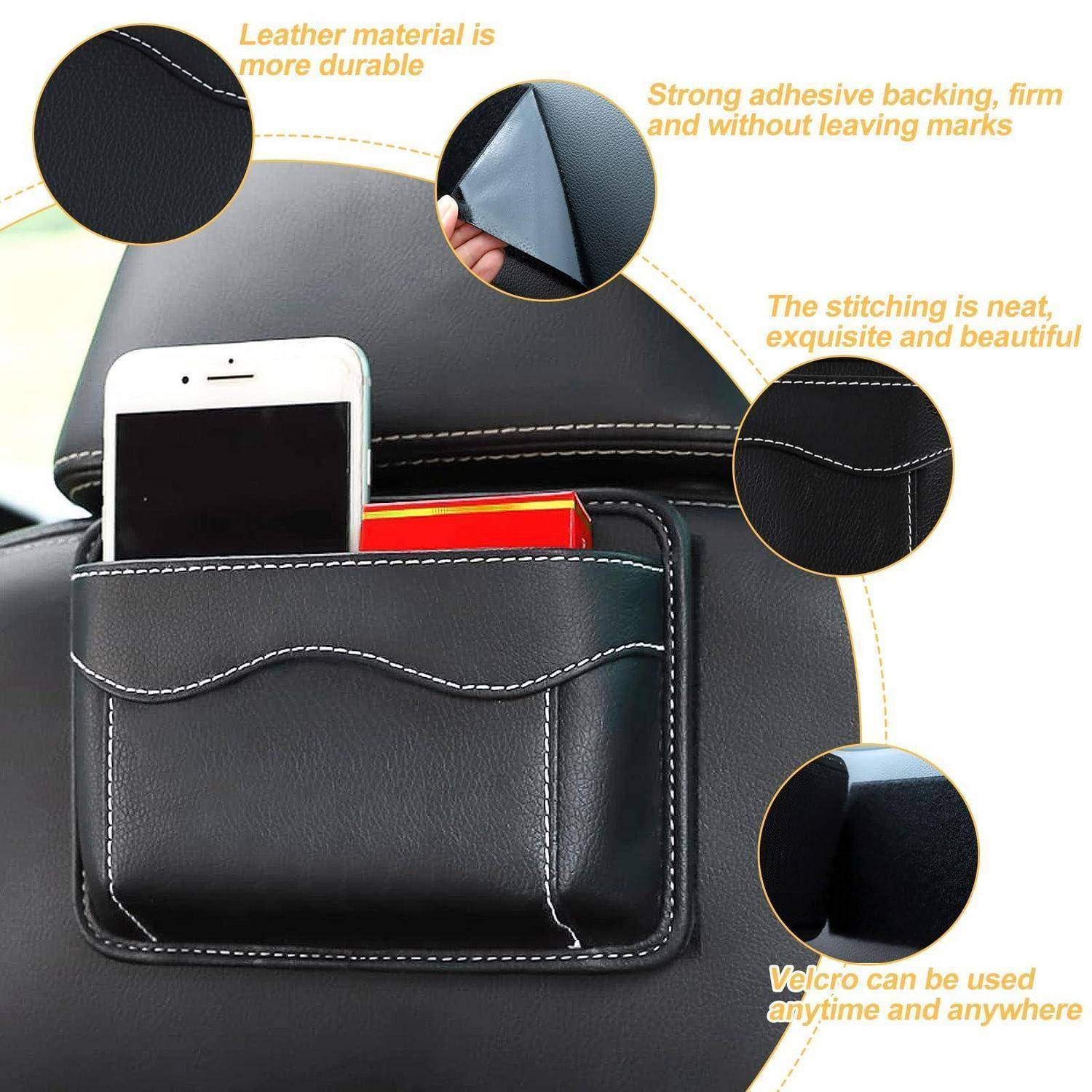 Werbebild einer schwarzen Leder-Autositzorganizer-Tasche, die ein Telefon und eine Karte hält, mit Beschriftungen, die strapazierfähiges Material, Klebstoffrücken, saubere Nähte und die Verwendung von Klettverschluss hervorheben.