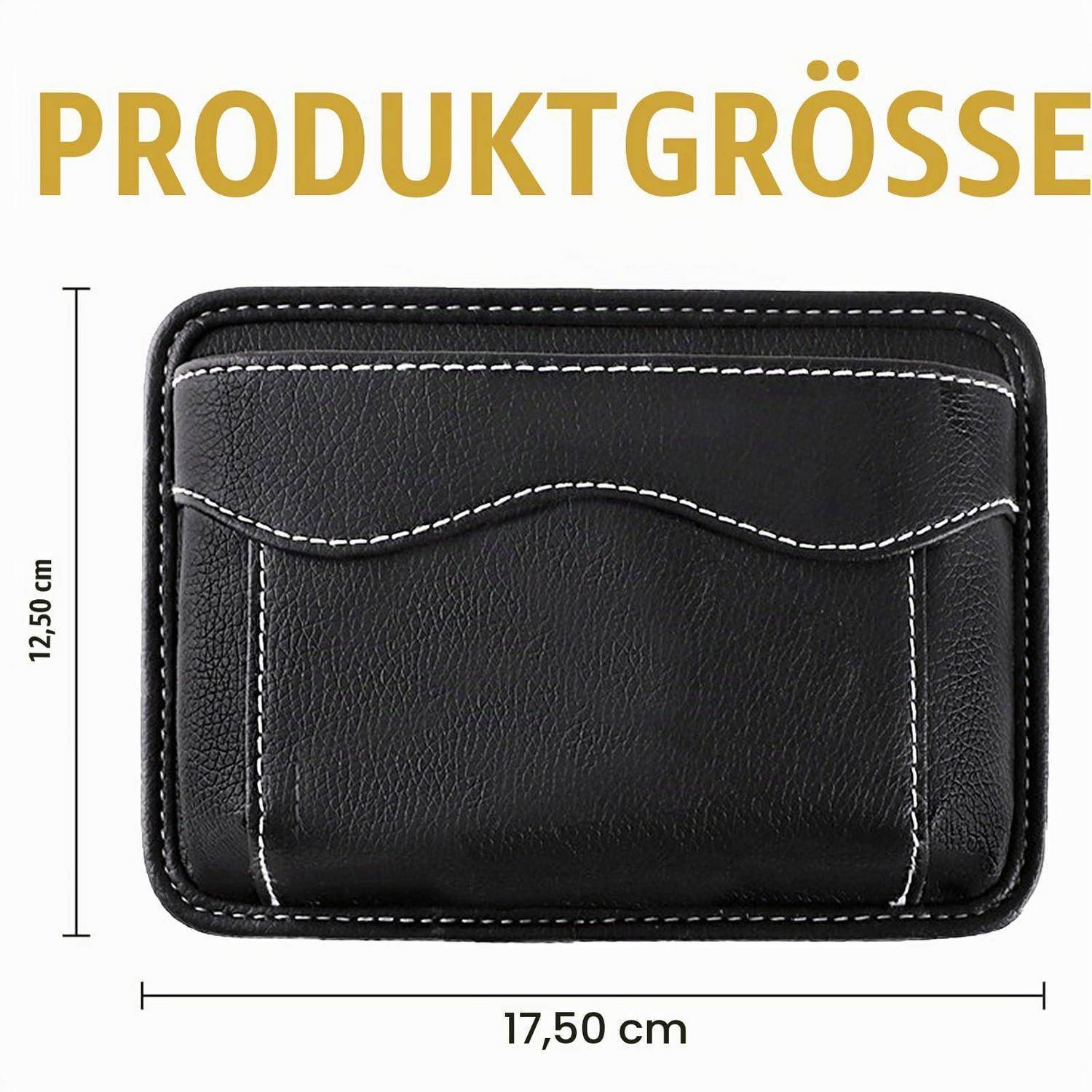 Schwarze Ledertasche mit Produktabmessungen: 17,50 cm breit und 12,50 cm hoch.