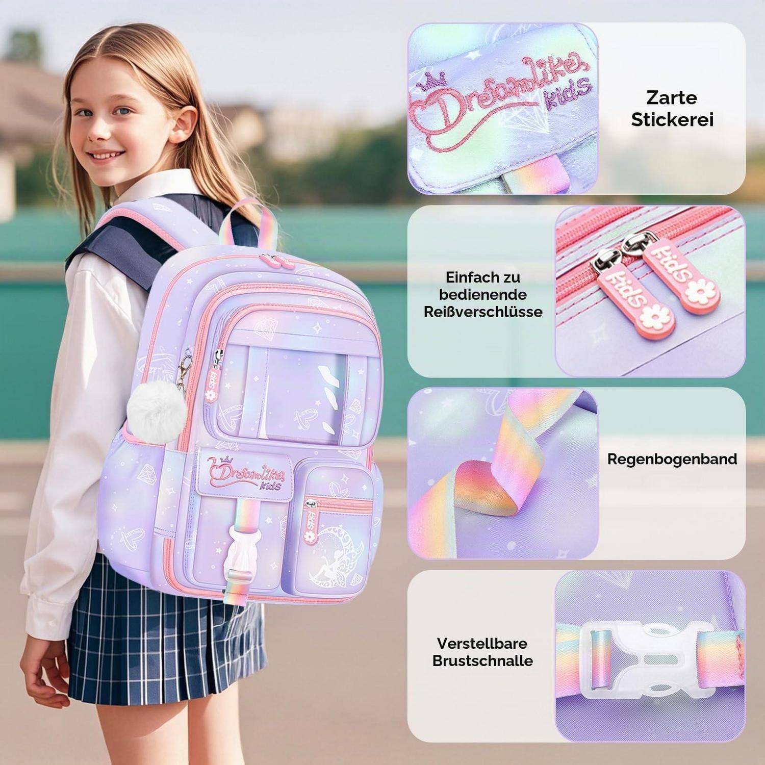 Amythe Schulrucksack Set 3-teilig Lila Mädchen Wasserdicht