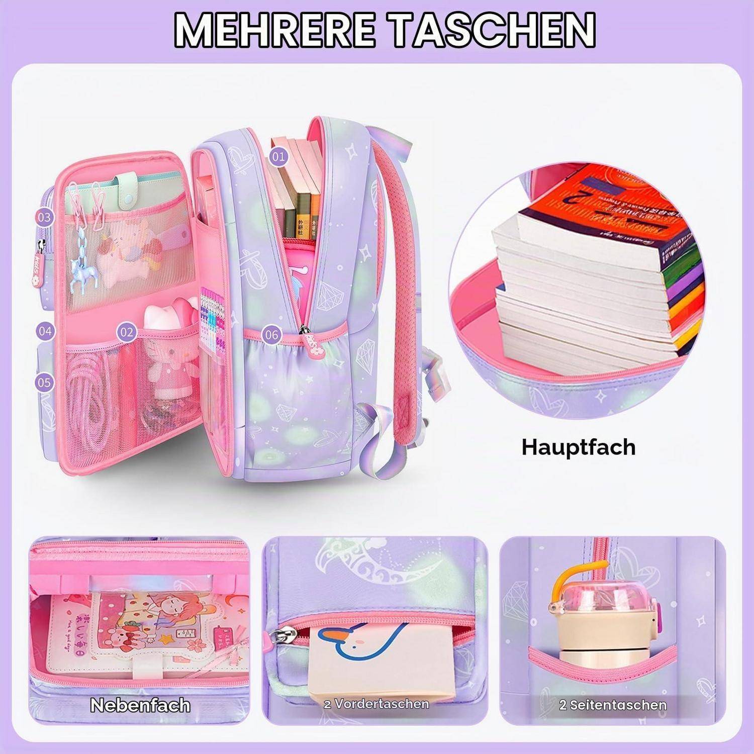 Amythe Schulrucksack Set 3-teilig Lila Mädchen Wasserdicht