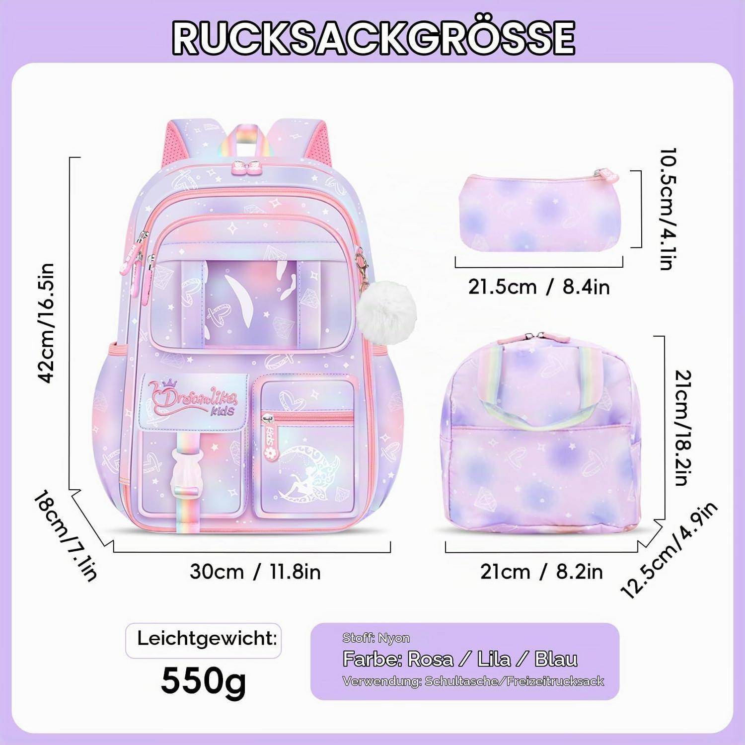 Amythe Schulrucksack Set 3-teilig Lila Mädchen Wasserdicht