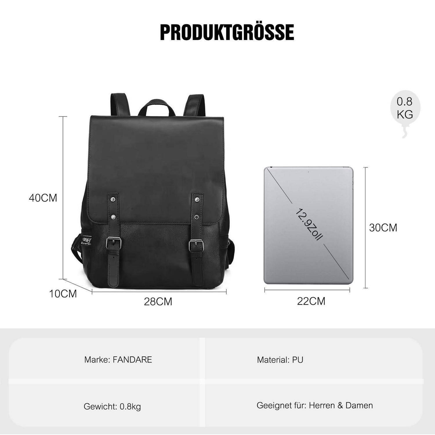 FANDARE Rucksack wasserdicht für 12.9 Zoll Laptop Schwarz